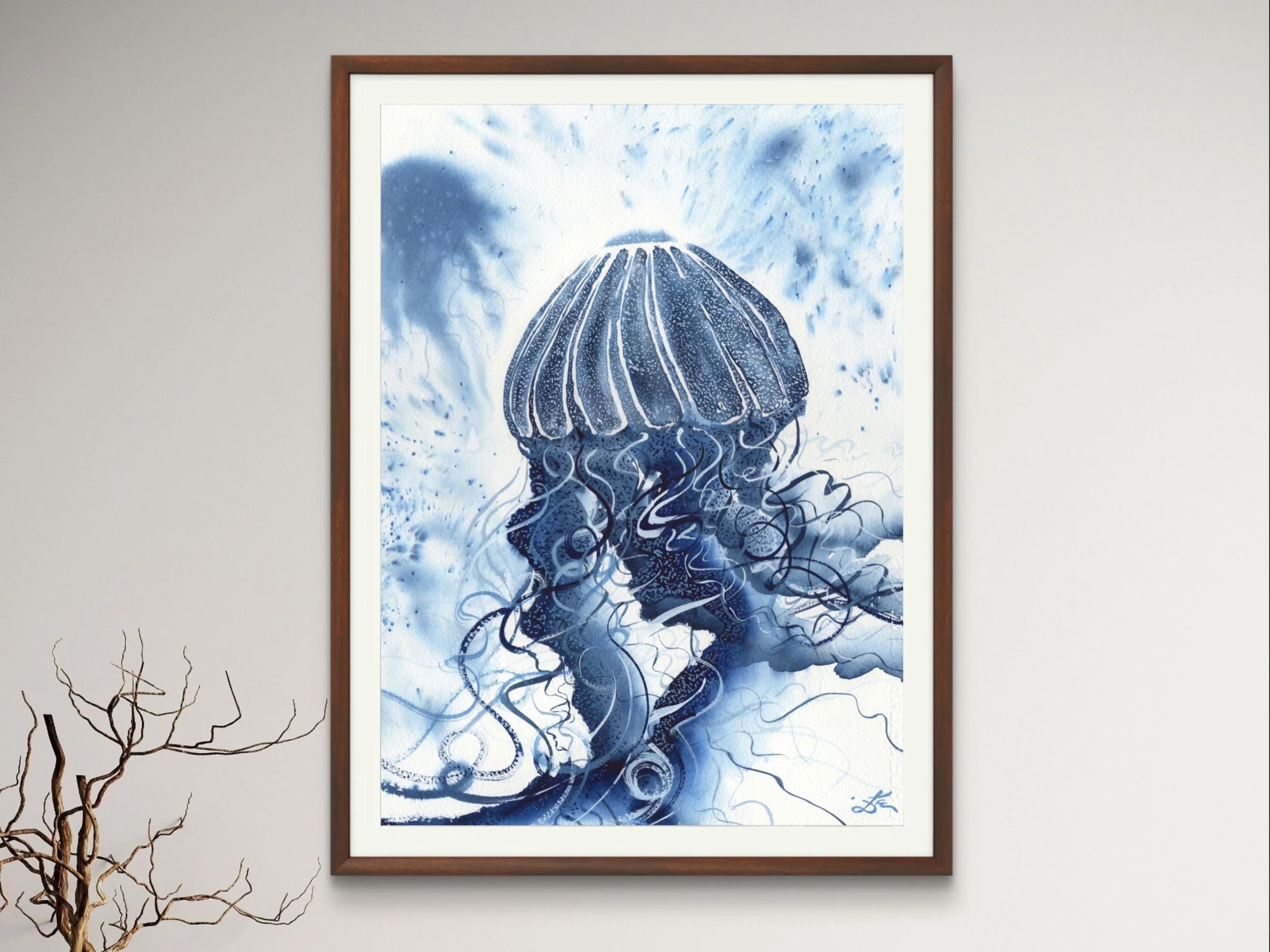 Blue Jellyfish Original Watercolor Painting, Ocean Marine Life Art, Deep Sea Creature Wall Decor, Nautical Coastal Artwork Blue Exlosion 10.jpg