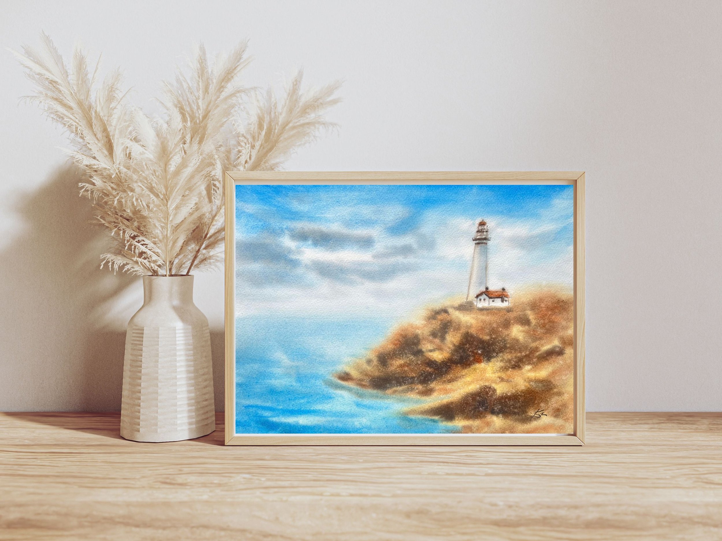 Lighthouse Original Watercolor Painting, Landscape Wall Art, Farm House Wall Art, Impressionistic Art Decor, Housewarming Gift, Rocky Cliff