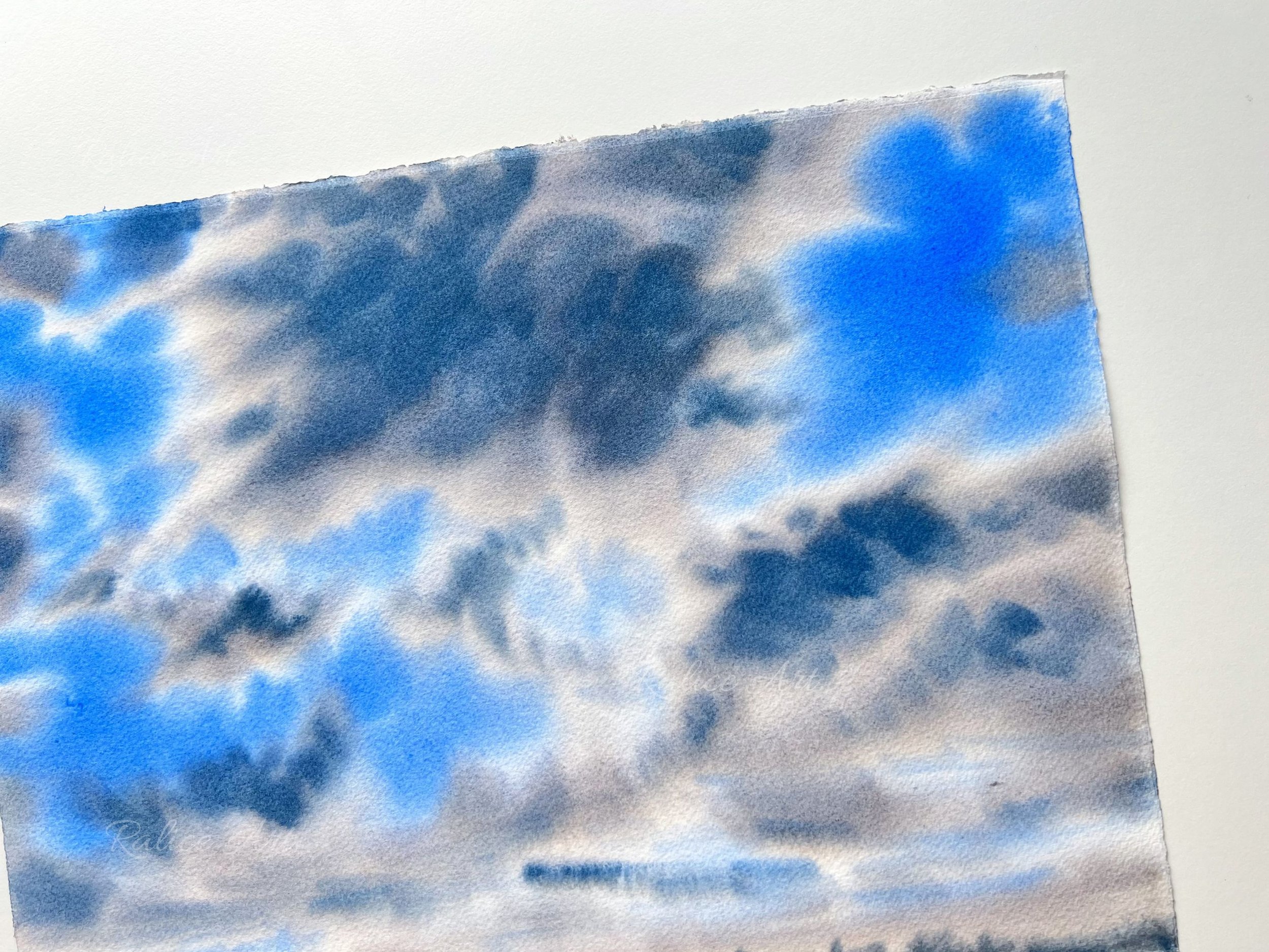 Warm Clouds Watercolour Painting of warm sky on Paper by Ralitsa Arnaudova Ralice Art Closeup right top corner