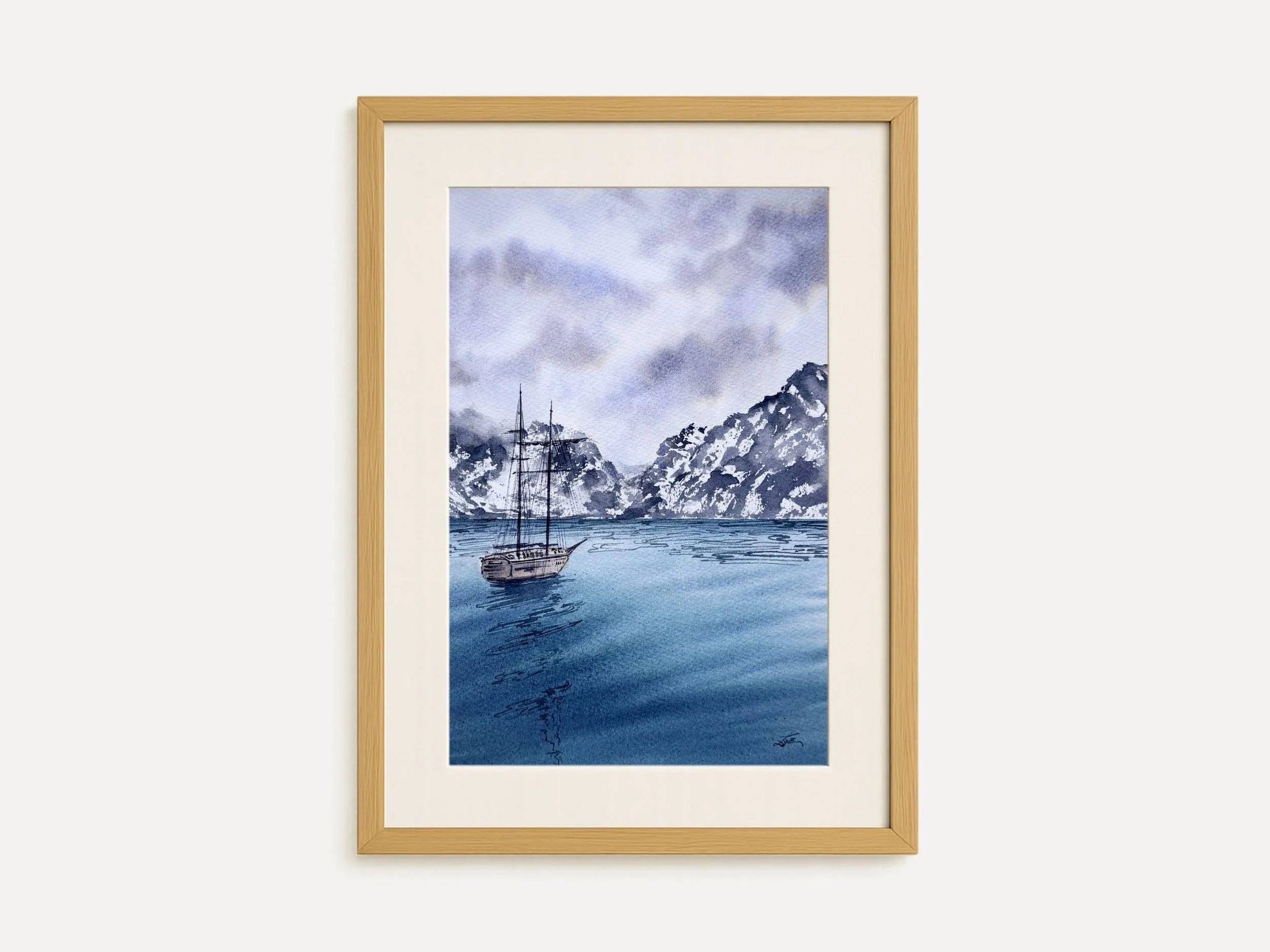 Sail Towards The Mountains Original Watercolor Sailboat Fjord Landscape Painting Moody Nordic Seascape Art Dramatic Mountains and Calm Sea Hand Painted Wall Decor 5.jpg