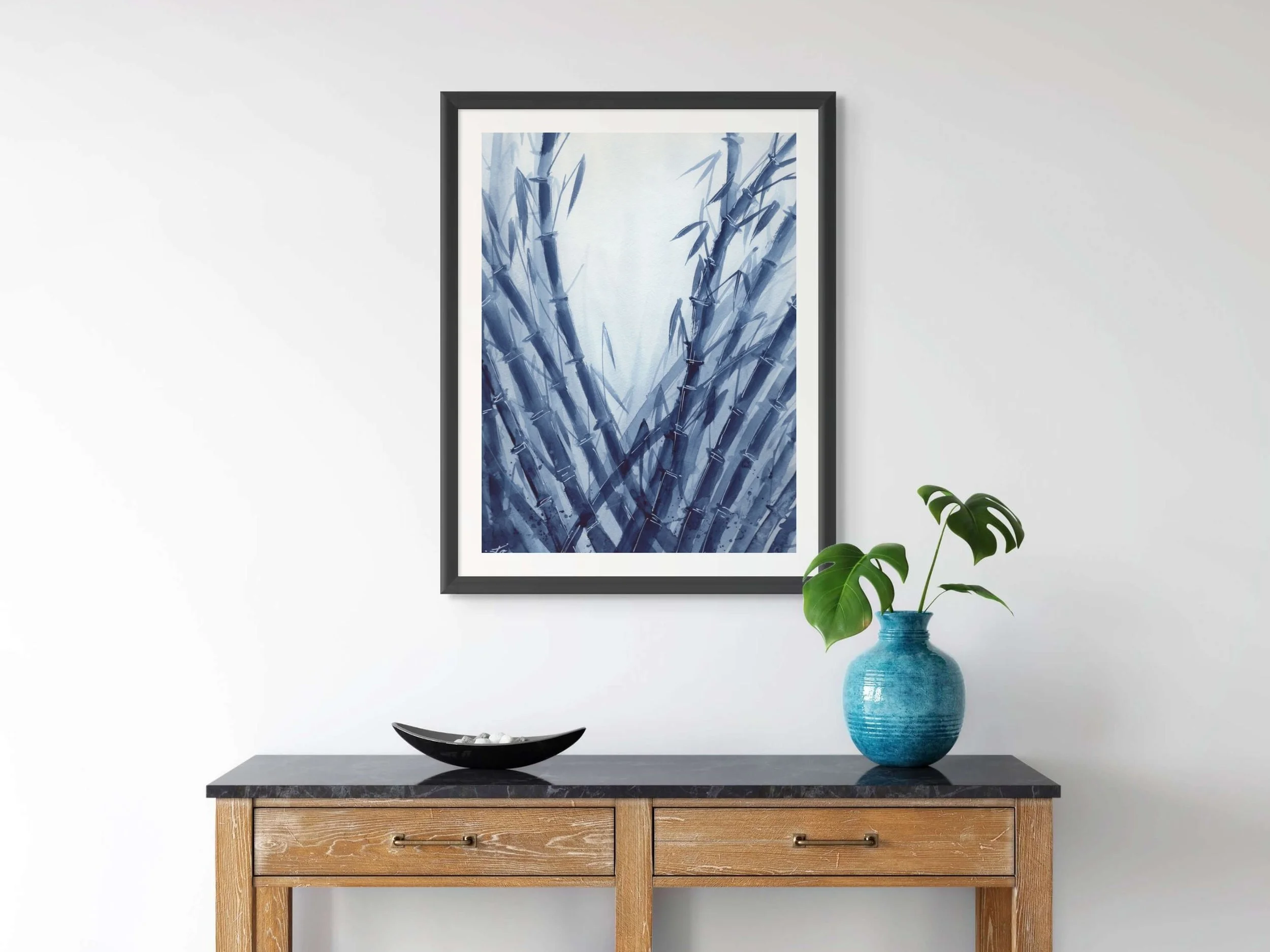 Blue Bamboo Forest Original Watercolor Painting, Minimalist Botanical Art, Zen Asian Inspired Wall Decor, Indigo Nature Artwork 6.jpg