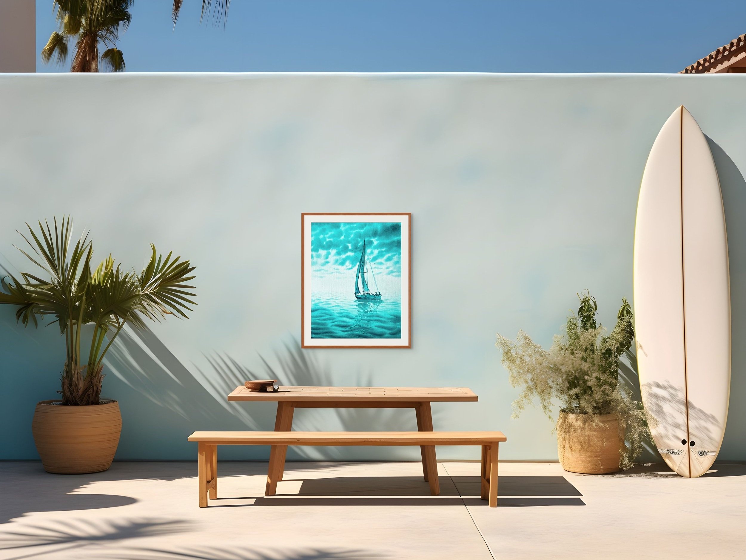 Monochromatic turquoise watercolor of a sailing yacht in the open sea. "Turquoise Green" evokes adventure and freedom with dynamic brushstrokes and vibrant hues. In setting.