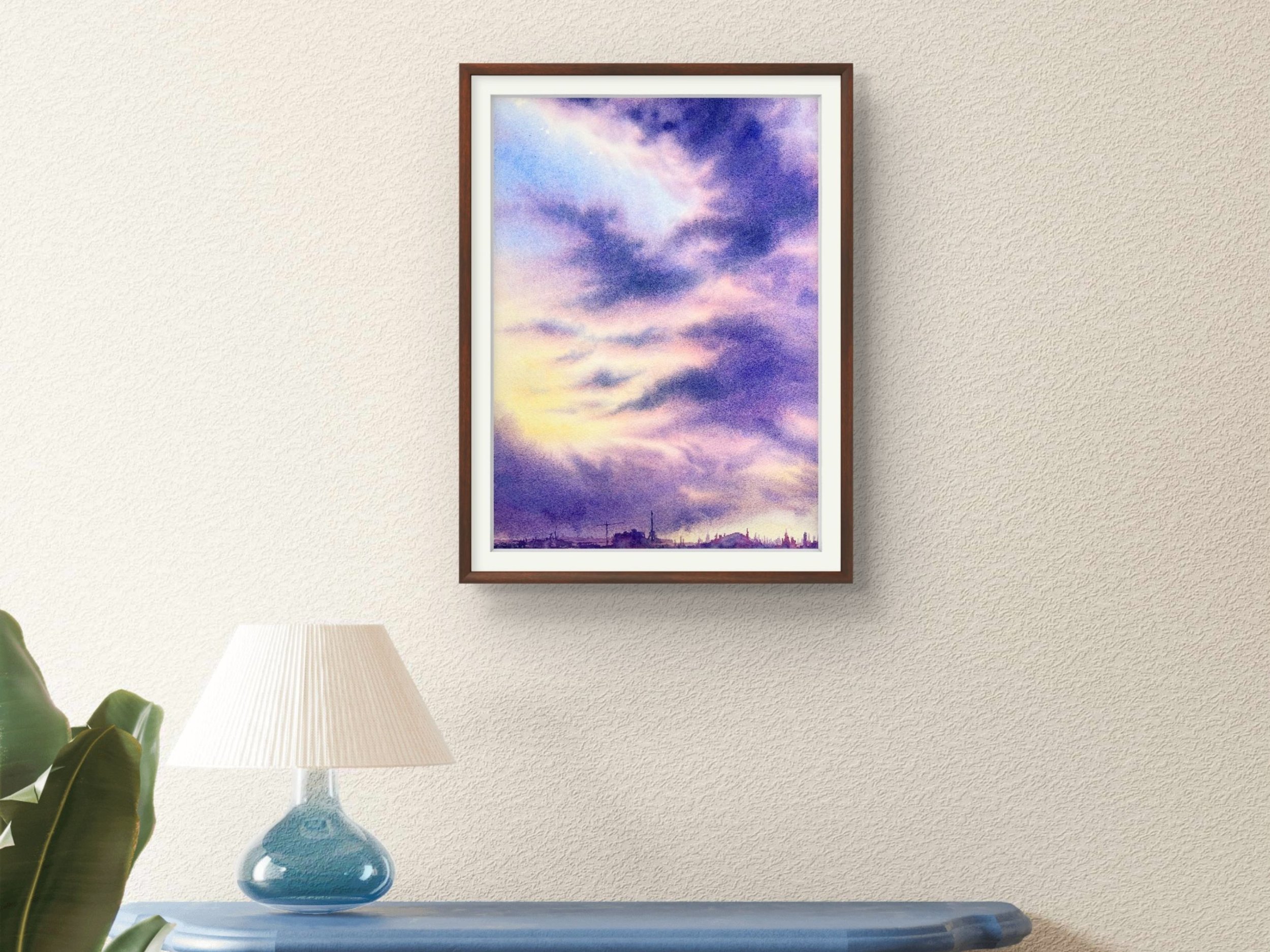 Majestic Purple Clouds - Original Watercolor Painting in setting on a shelf