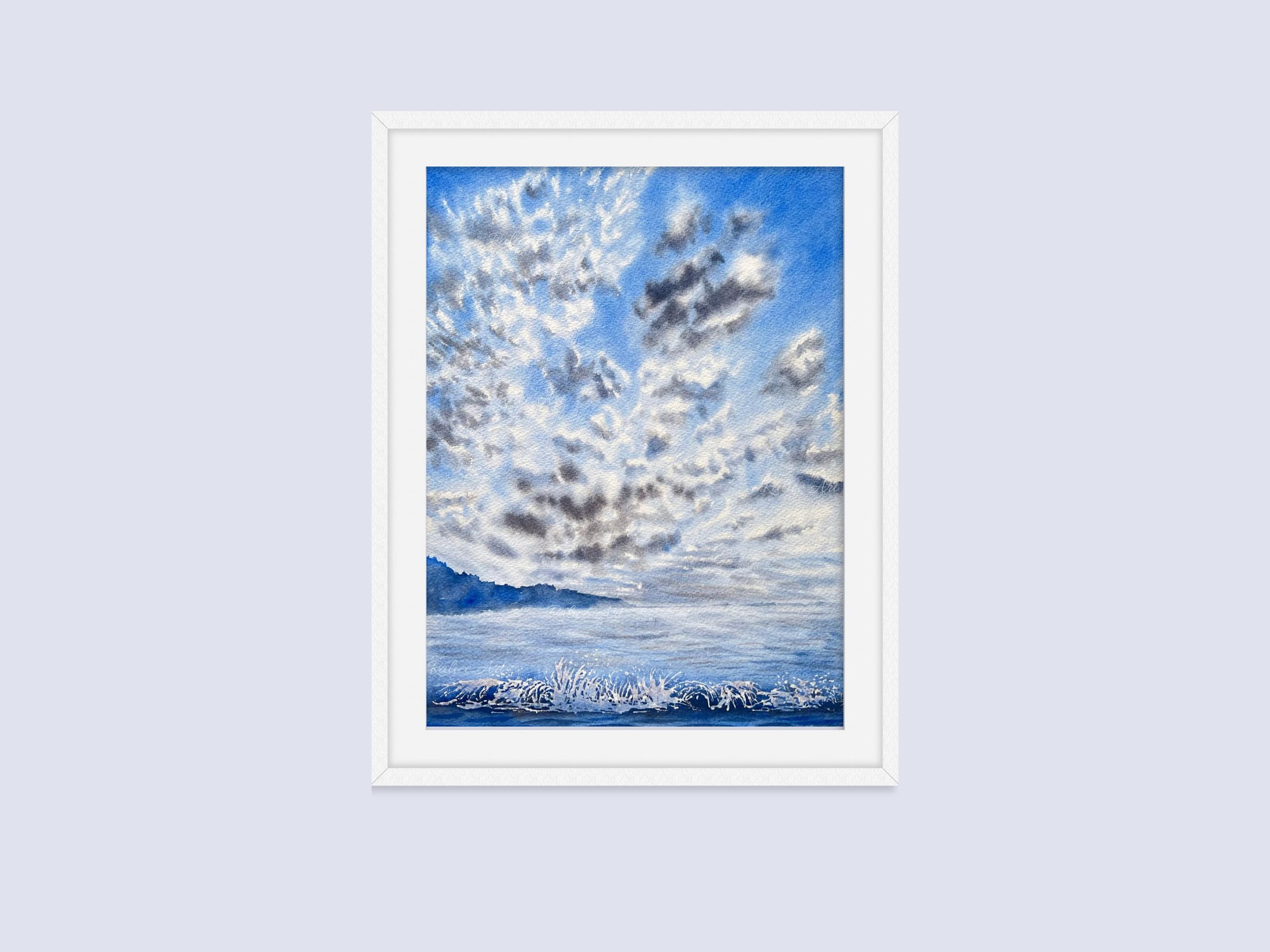 Fluffy Cirrocummulus Clouds Original Watercolour Painting on Paper by Ralitsa Arnaudova Ralice Art framed
