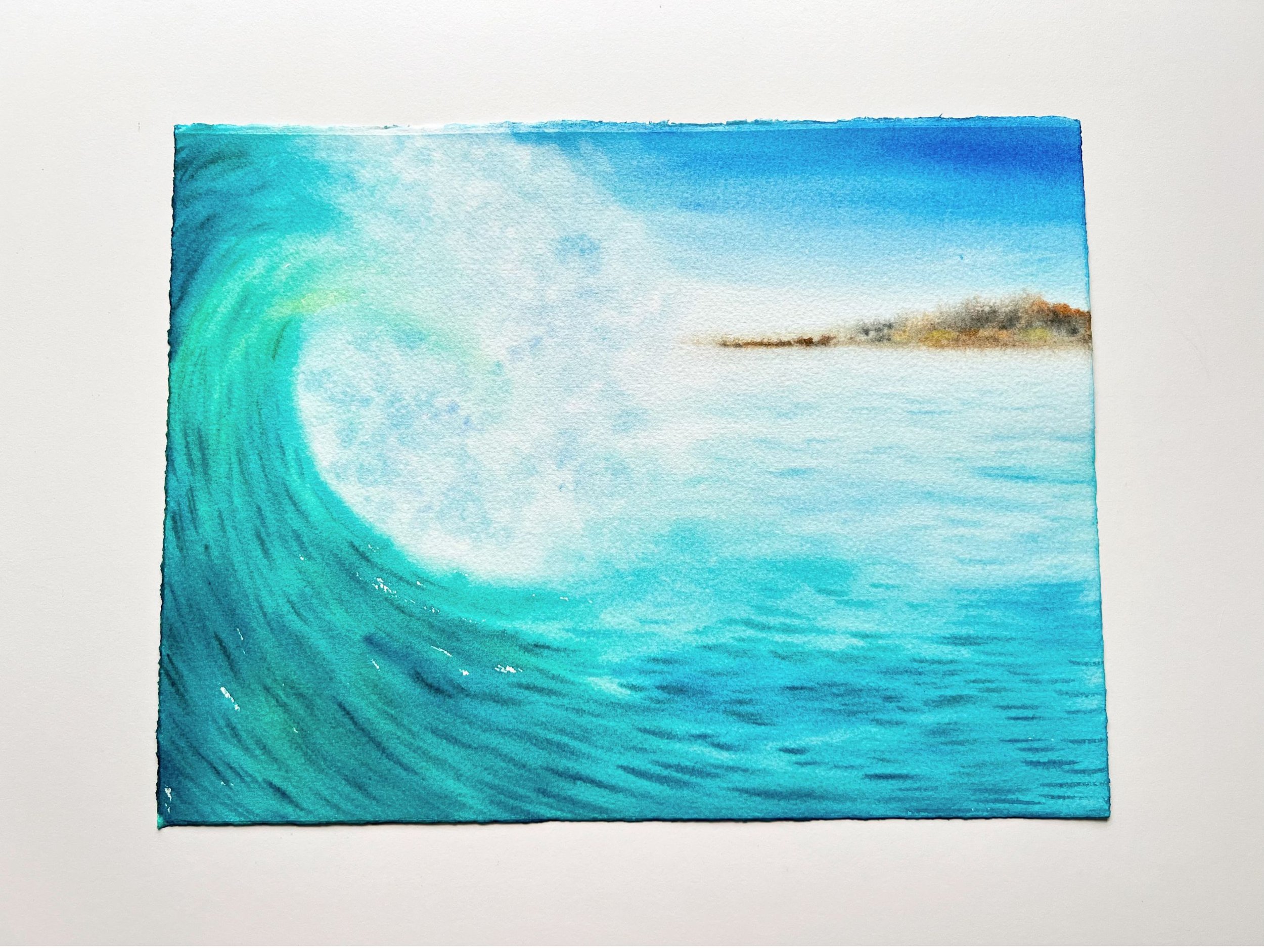 Closeup of a crashing wave watercolor painting with blue and green turquoise hues, showcasing dynamic brushstrokes and vivid movement.
