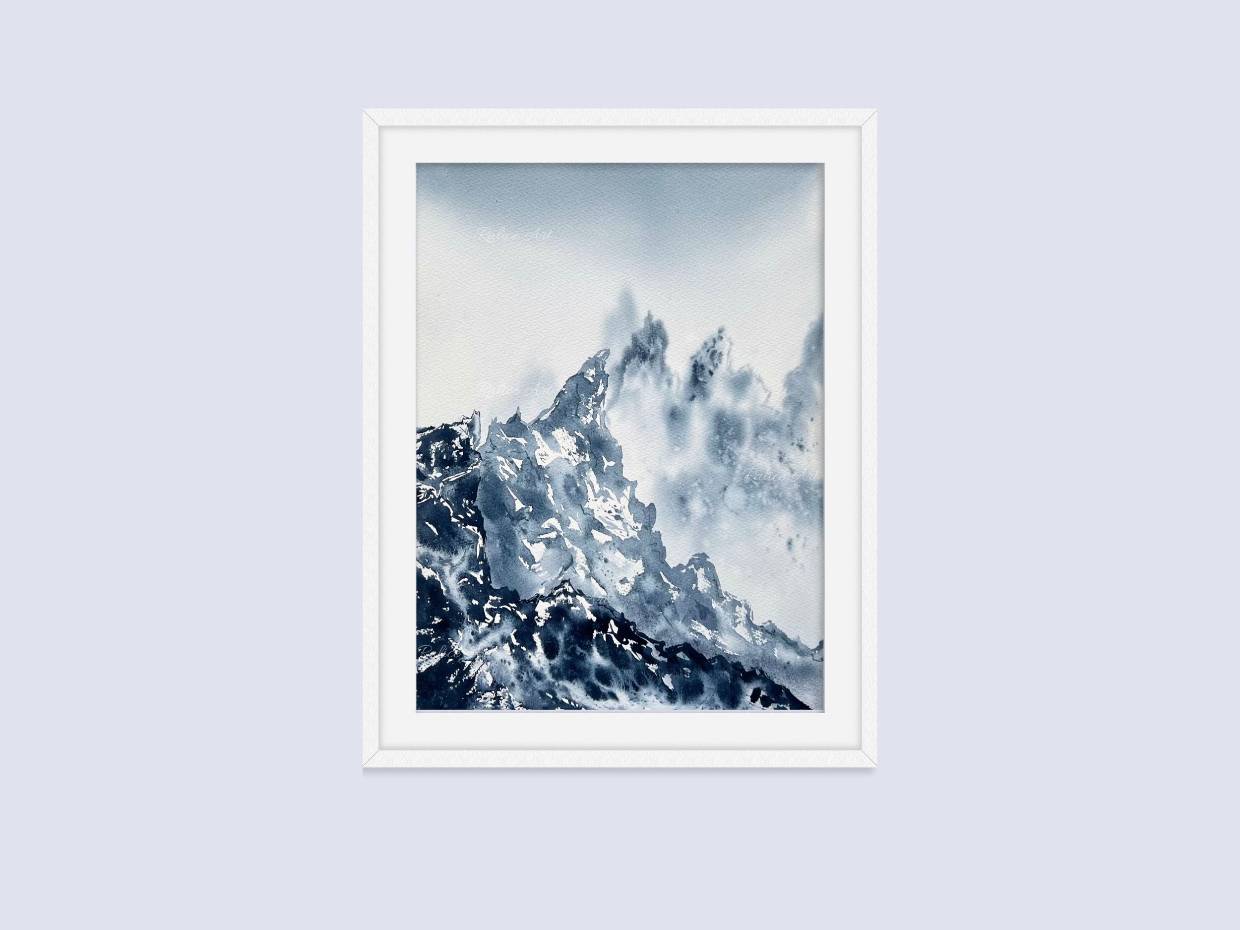 Textures - Original Watercolor Mountain Painting, Rocky Landscape Painting, Rocky Mountain National Park, Monochrome Original Home Art Decor with white frame