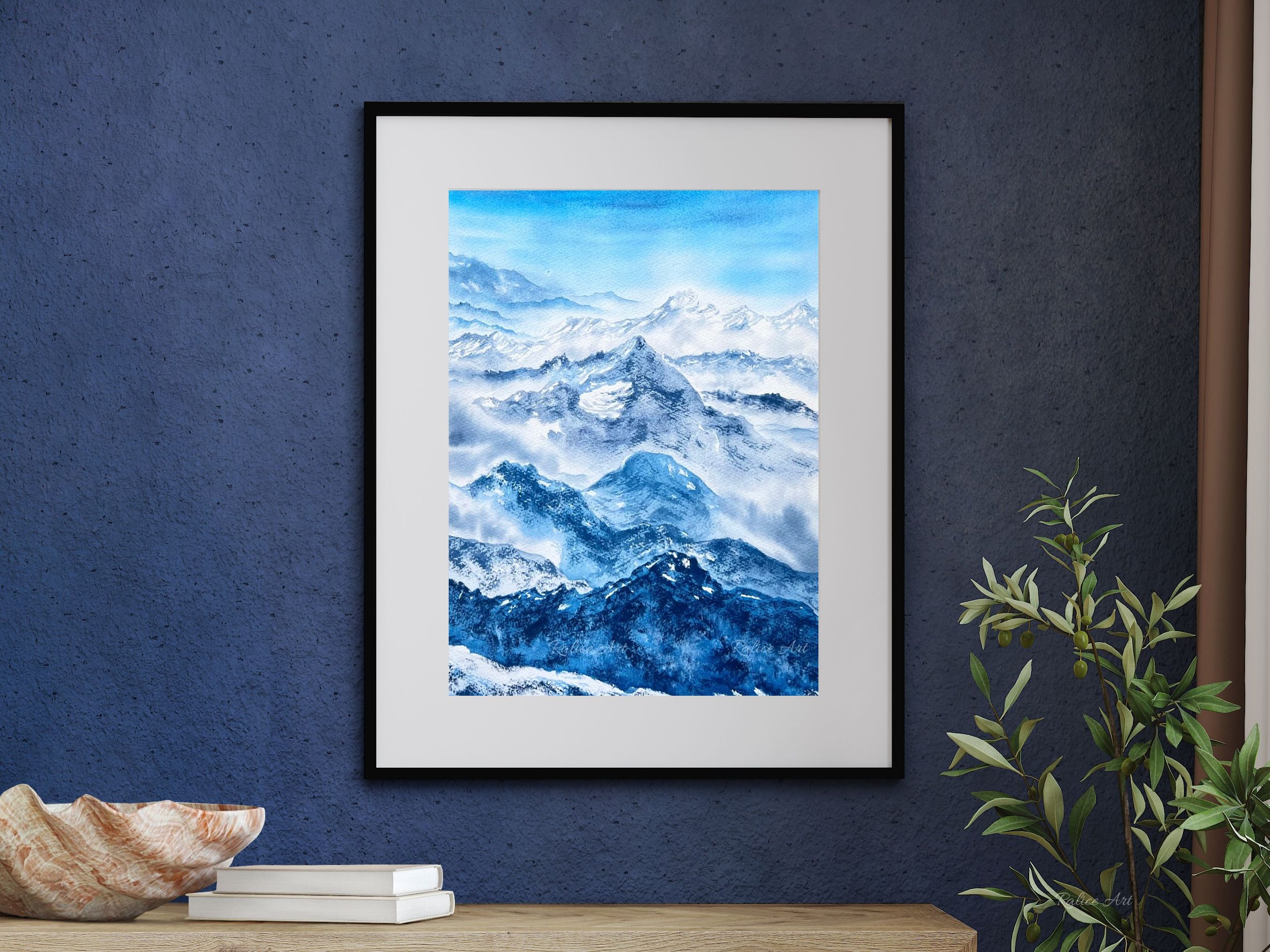 "Rolling Hills" Original Watercolor Painting of Layered Snow Capped Mountains Landscape Painting on a shelf
