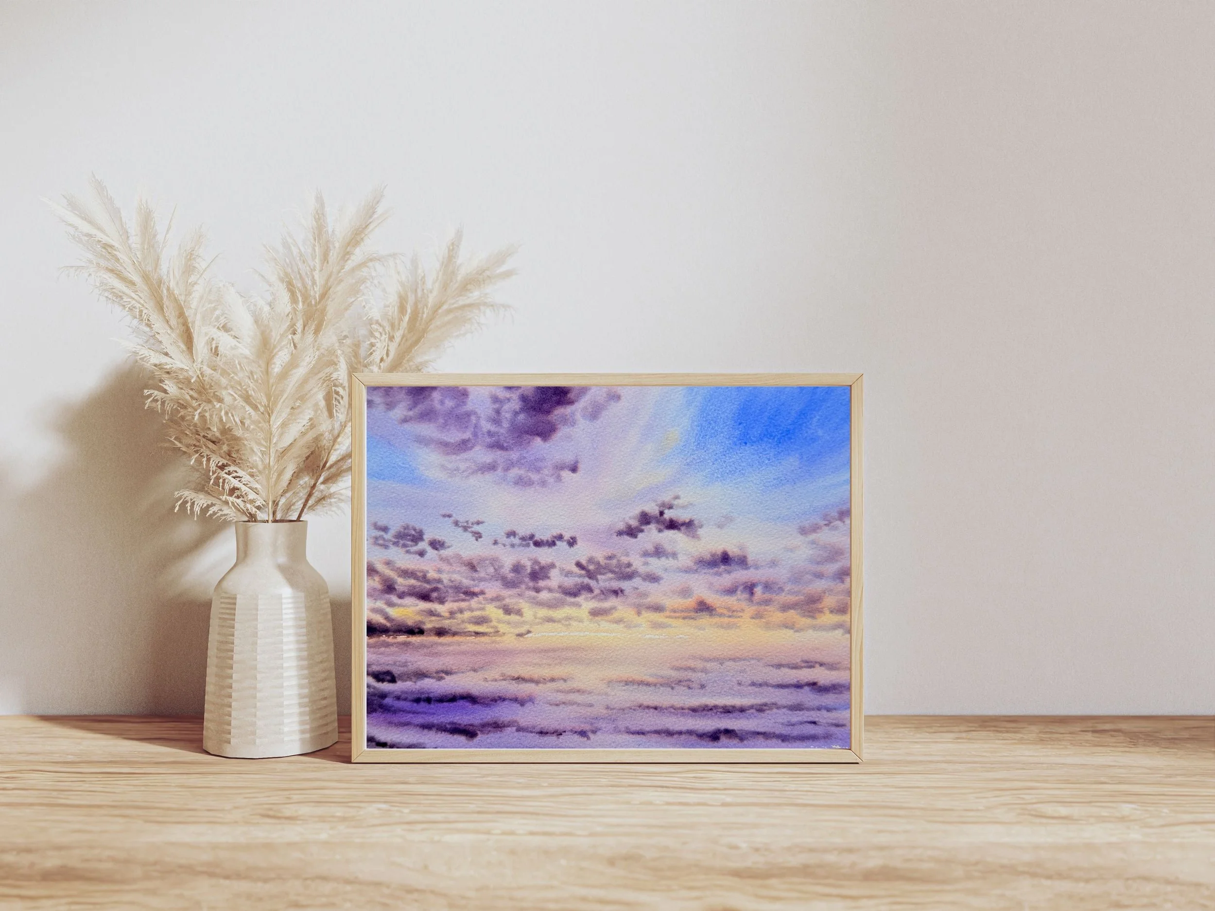 Original Watercolor Sunrise Over the Sea with Pastel Sky and Ocean, Soft Pink and Blue Seascape 3.jpg