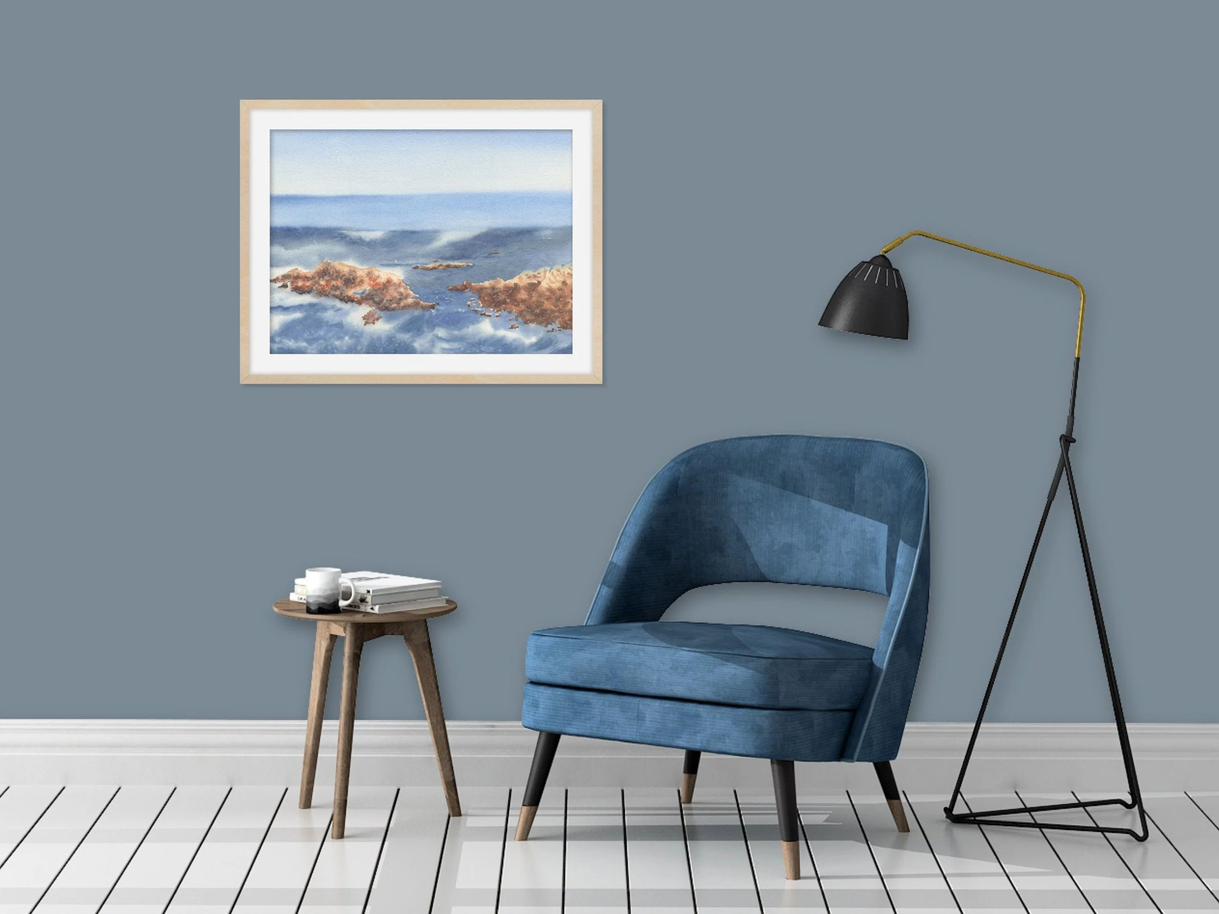 Ocean Waves with Rocks Watercolor Art Print, Seascape Wall Art, Blue Coastal Decor, Poster 7.jpg