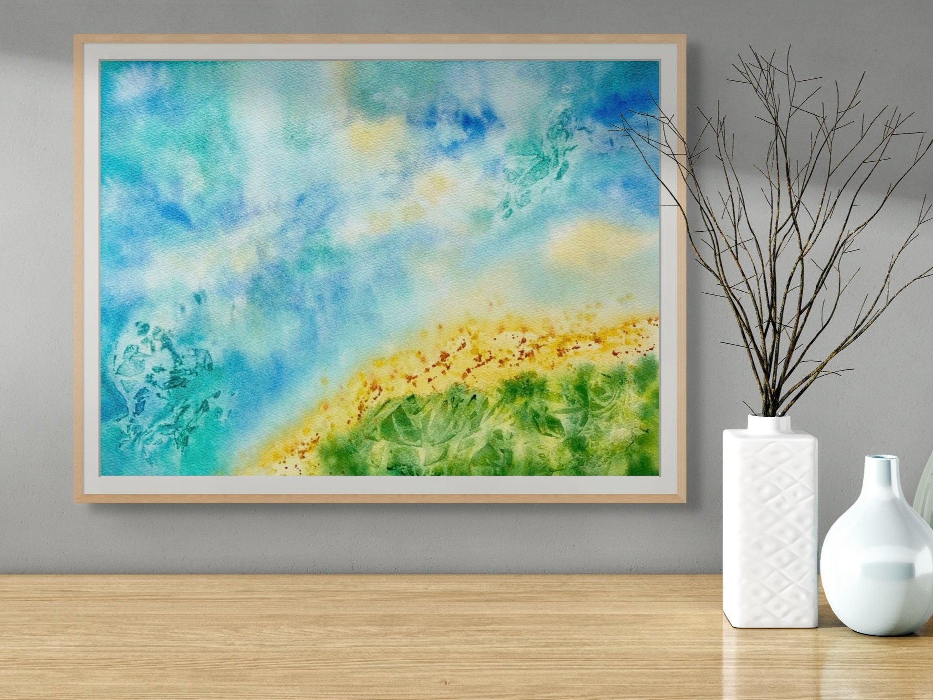 Original watercolor painting "Abstract Seascape" framed and staged in a living room or hallway, adding a calming and modern coastal touch to your space.