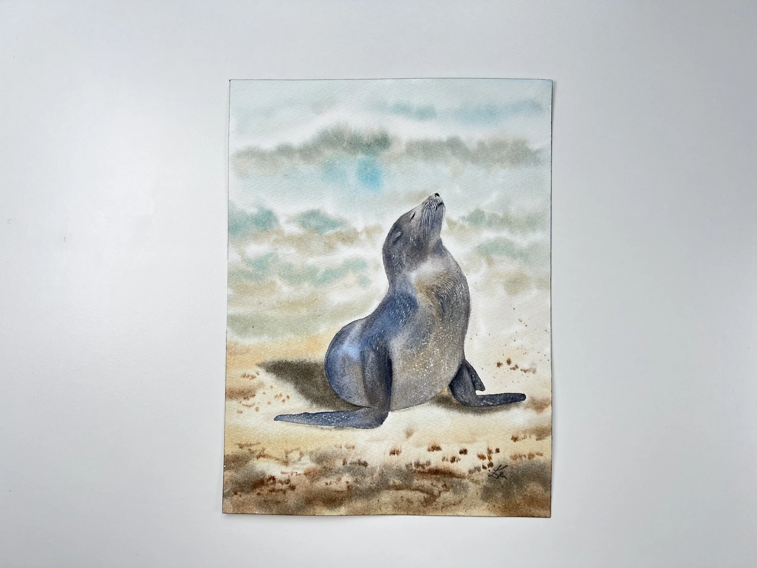Close up of an original watercolor features a gentle Sunbathing Seal on the beach, painted in impressionistic style.