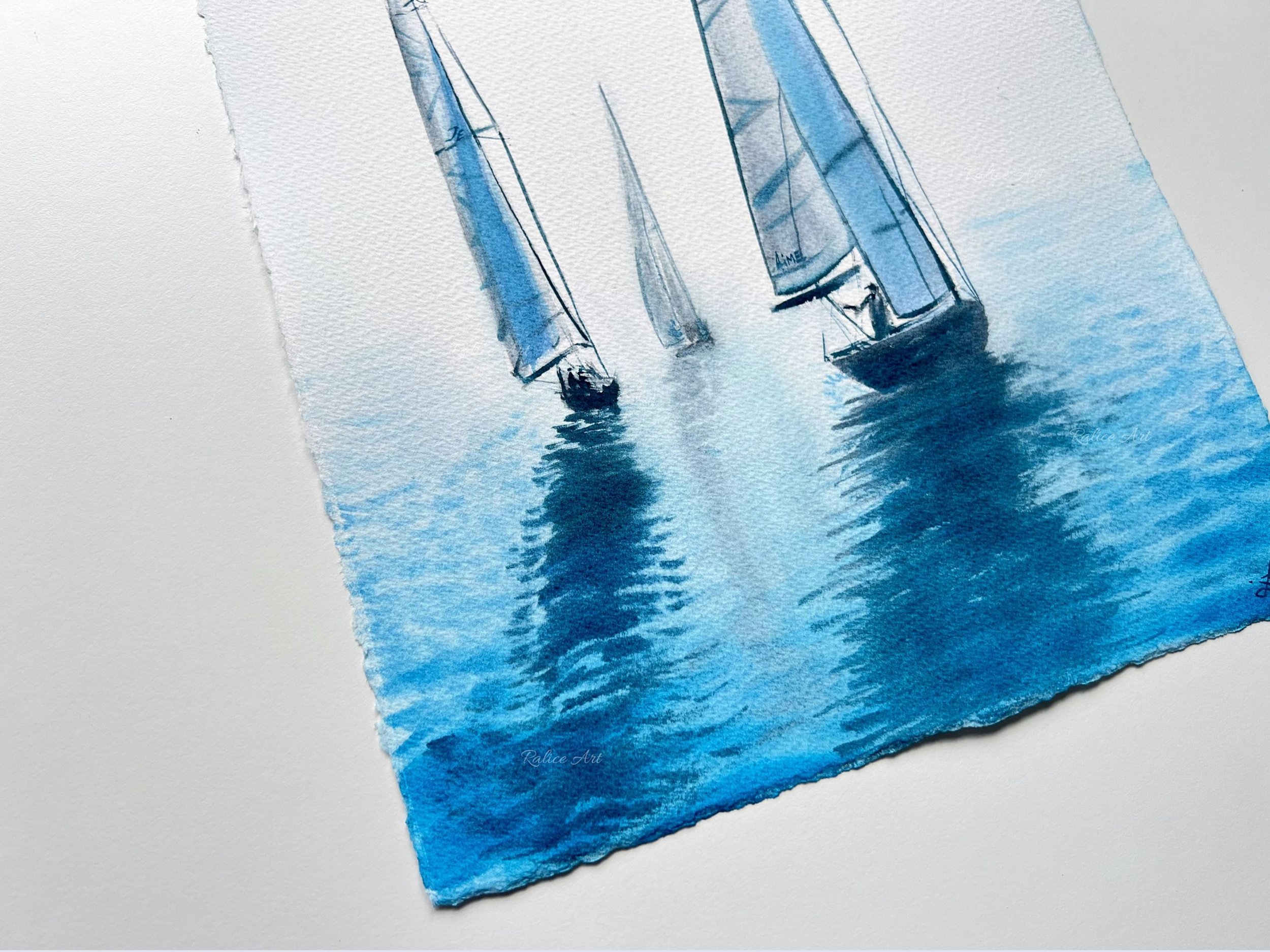 Je T'aime Ma Mer Rowing Regatta Original Watercolor Painting, Yachts Painting Sailing Boat Art Coastal Nautical Painting Mediterranean Decor