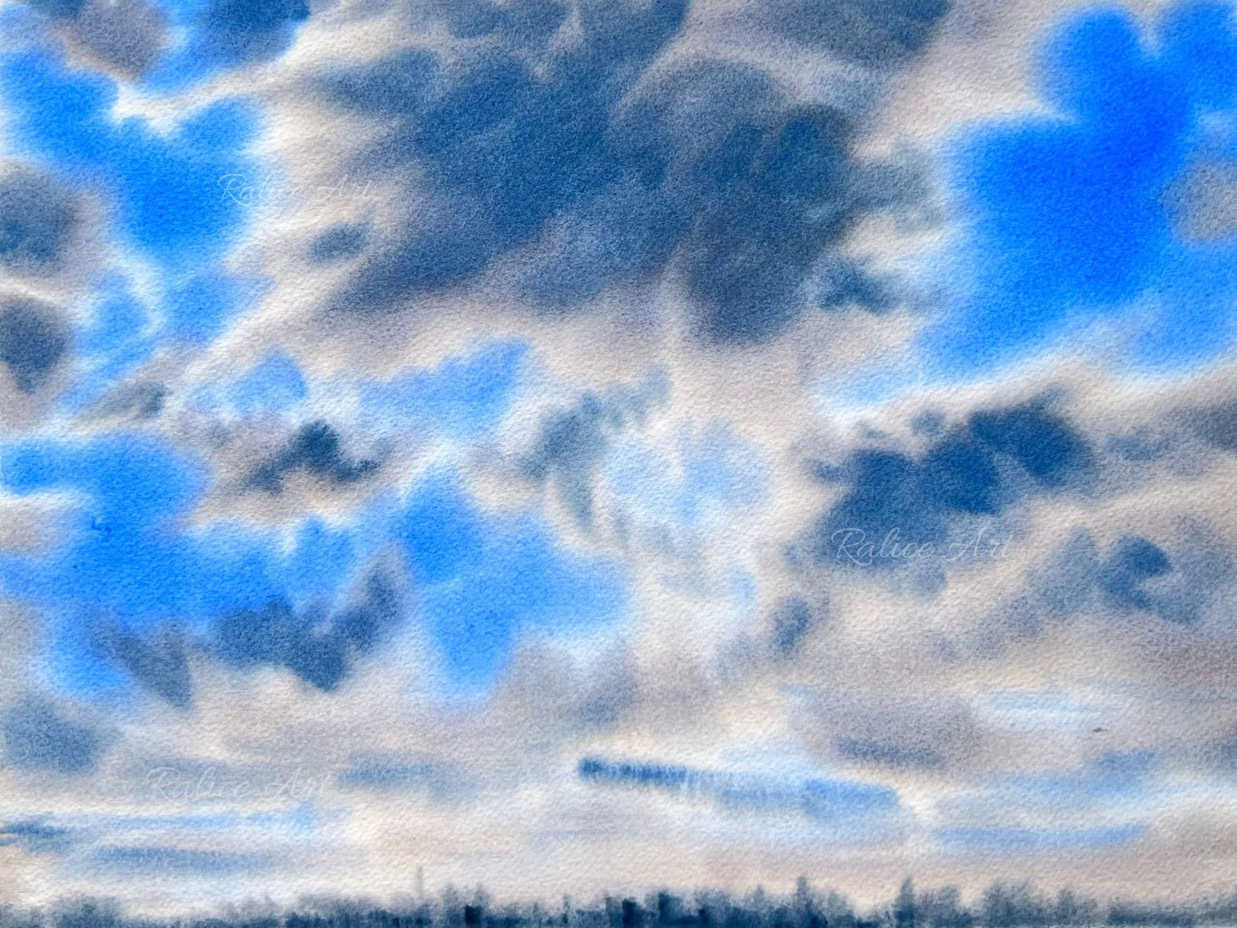 Warm Clouds Watercolour Painting of warm sky on Paper by Ralitsa Arnaudova Ralice Art Closeup