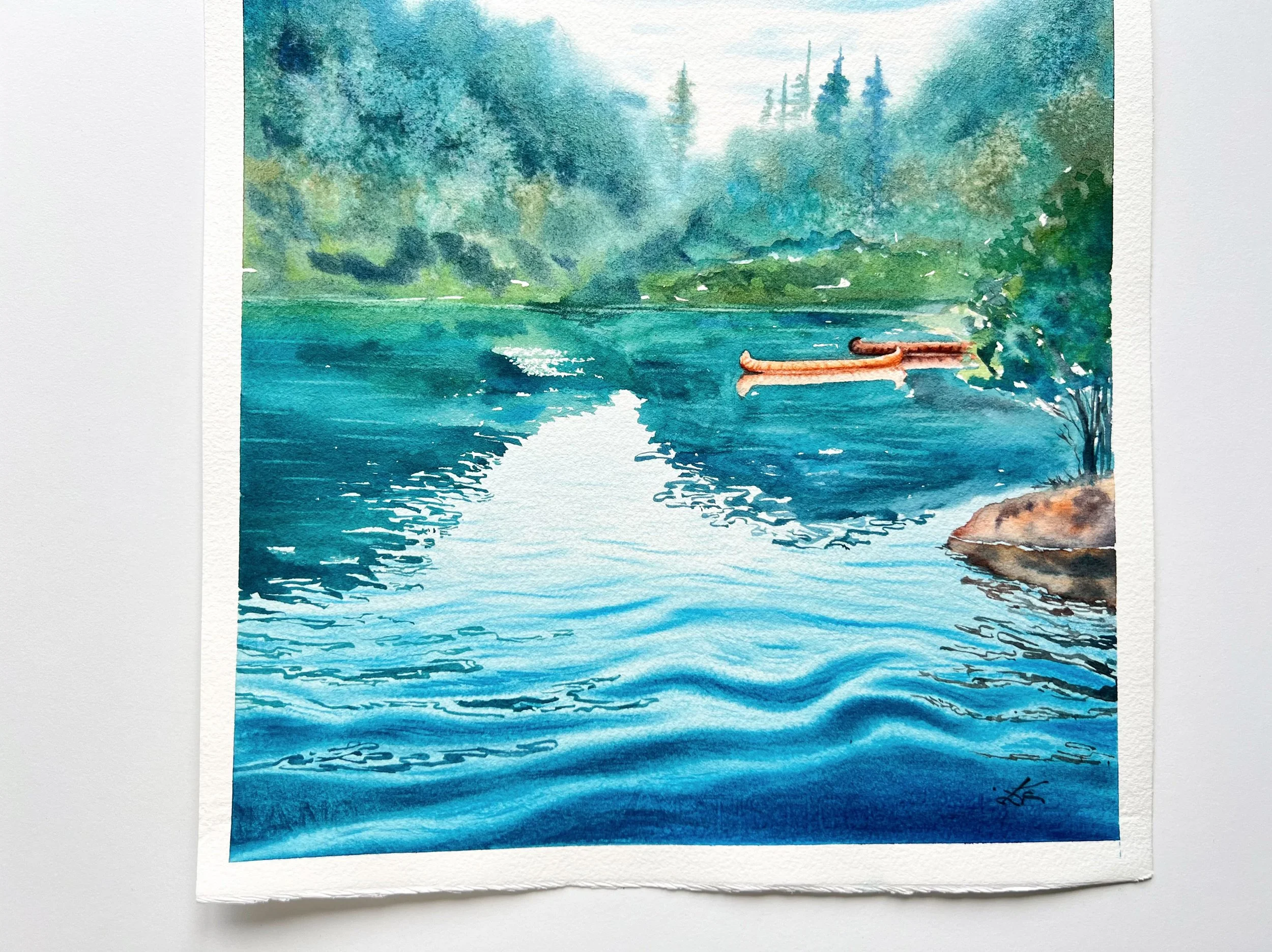 Close up of Original Watercolour Painting on Paper inspired by the stunning Lago di Braies in the Italian Dolomites