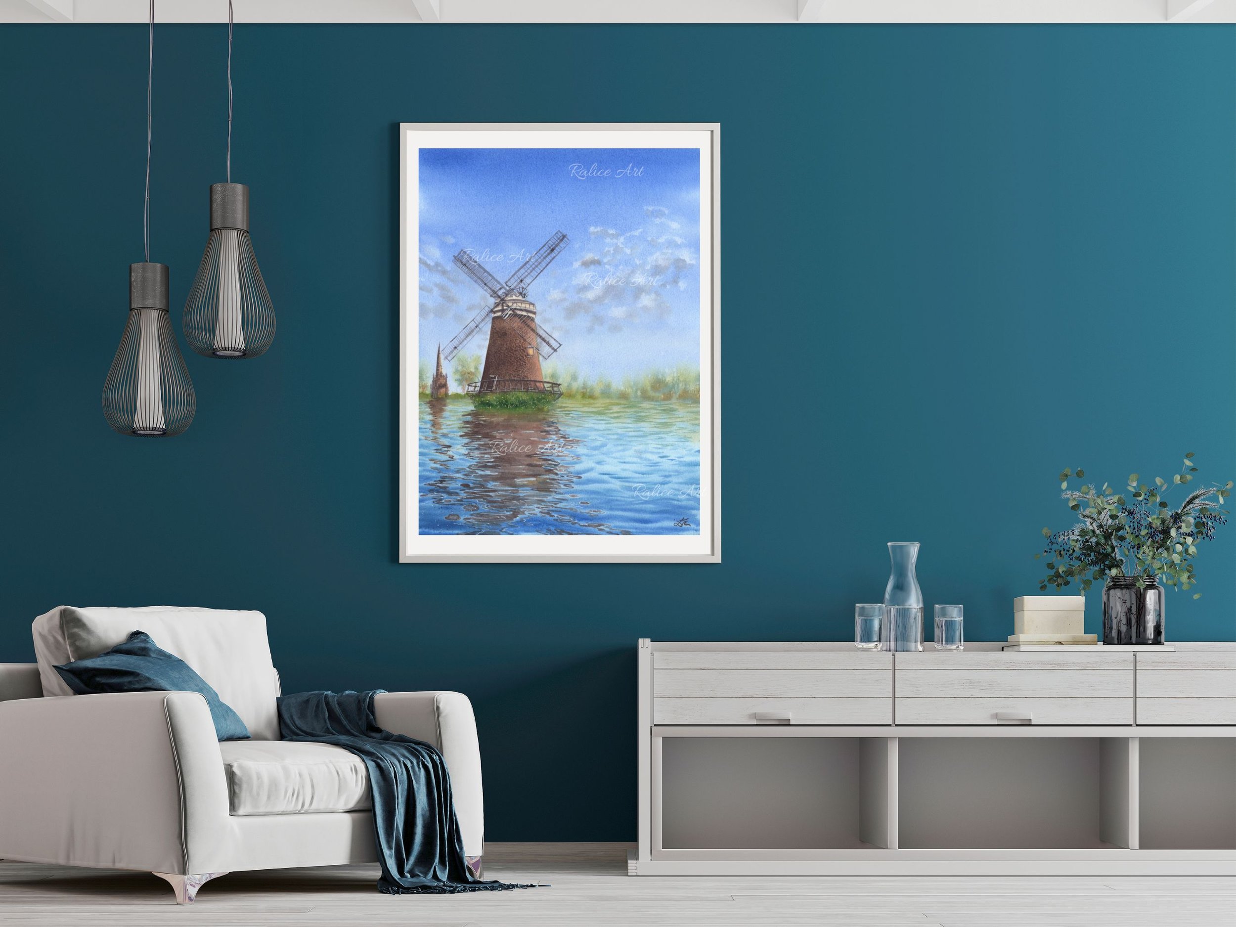Windmill's Reflections Watercolor Painting | Landscape Wall Art for Lakehouse & Farmhouse | Impressionistic Artwork Decor in a living room