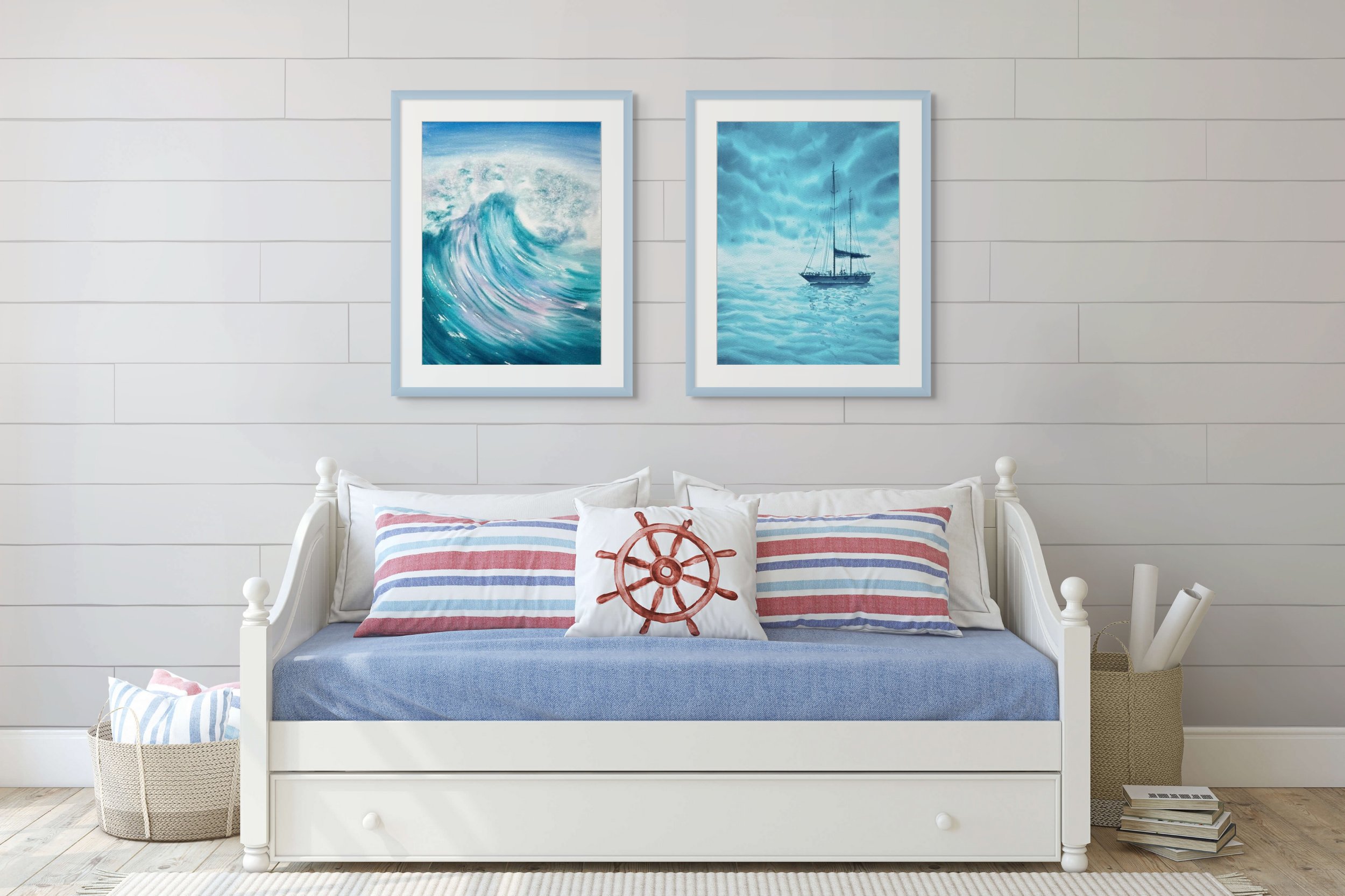 Splash of Colour is an original watercolor celebrating the ocean's untamed power in bold blues, pinks, and purples create dynamic energy. Displayed in a living room.