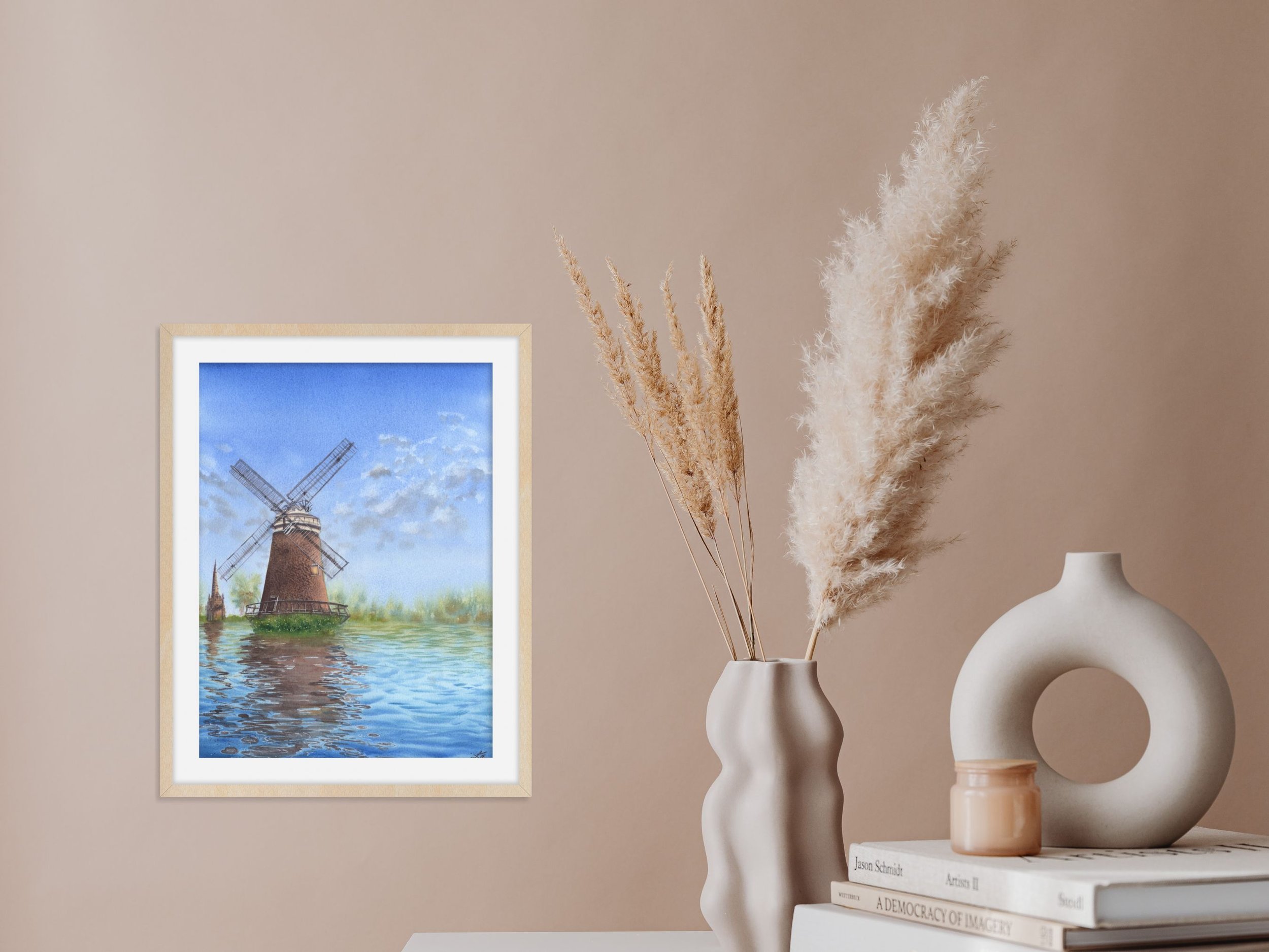 Windmill's Reflections Watercolor Painting | Landscape Wall Art for Lakehouse & Farmhouse | Impressionistic Artwork Decor on a shelf