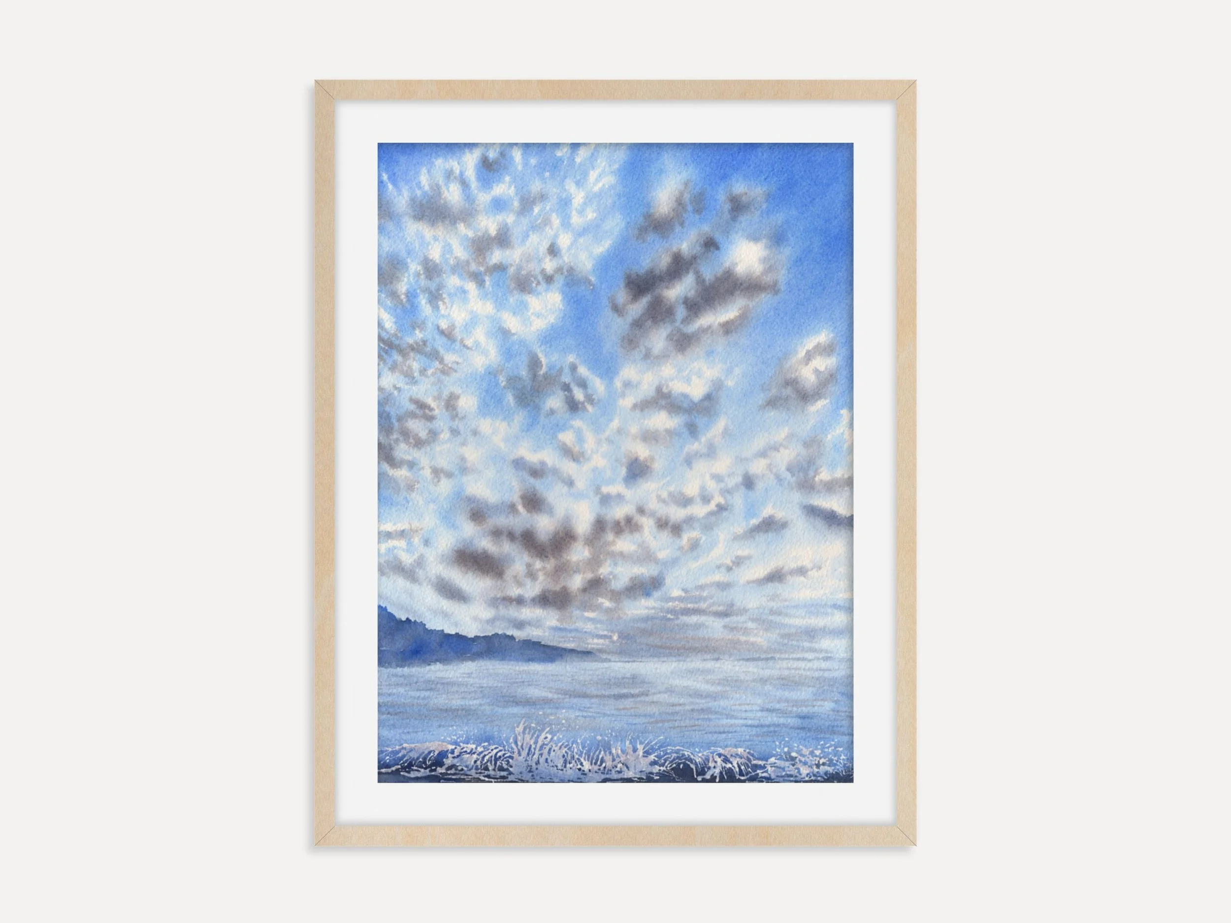 Clouds Fine Art Print, Fluffy Cirrocumulus Sky Watercolor Print, Blue Sky Wall Art, Minimalist Nature Decor 1.jpg