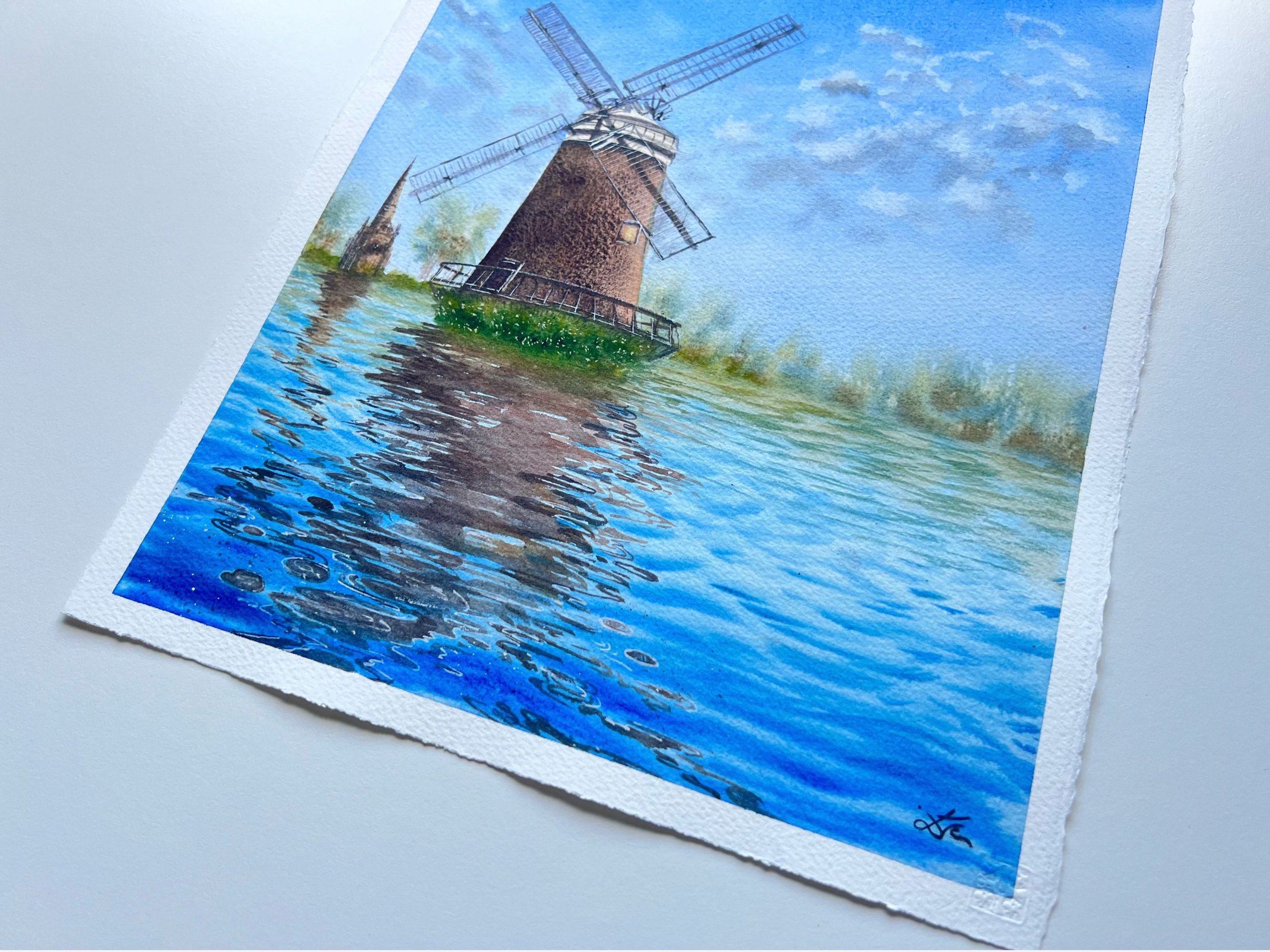 Windmill's Reflections Watercolor Painting | Landscape Wall Art for Lakehouse & Farmhouse | Impressionistic Artwork Decor closeup right bottom corner