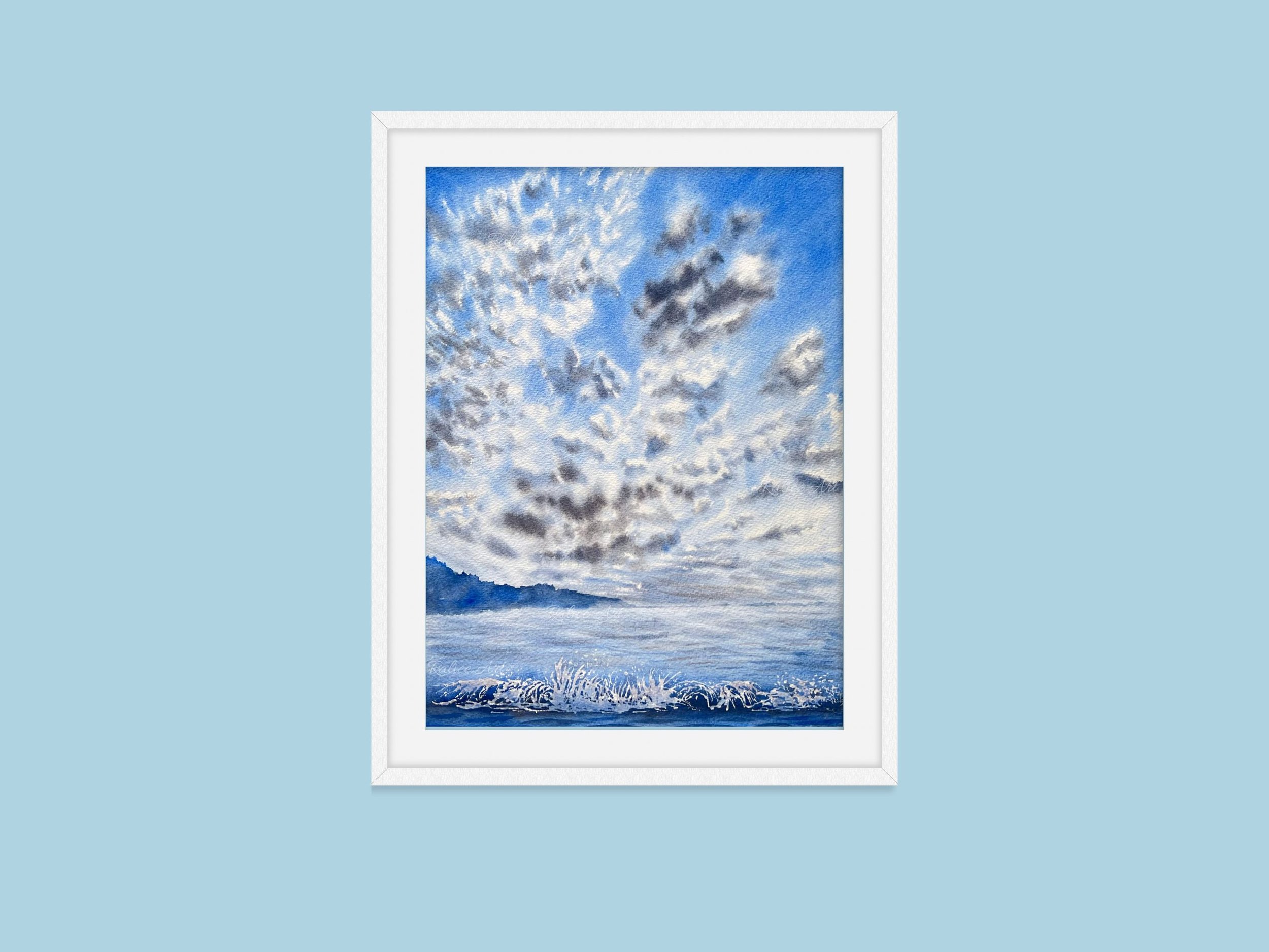 Fluffy Cirrocummulus Clouds Original Watercolour Painting on Paper by Ralitsa Arnaudova Ralice Art framed