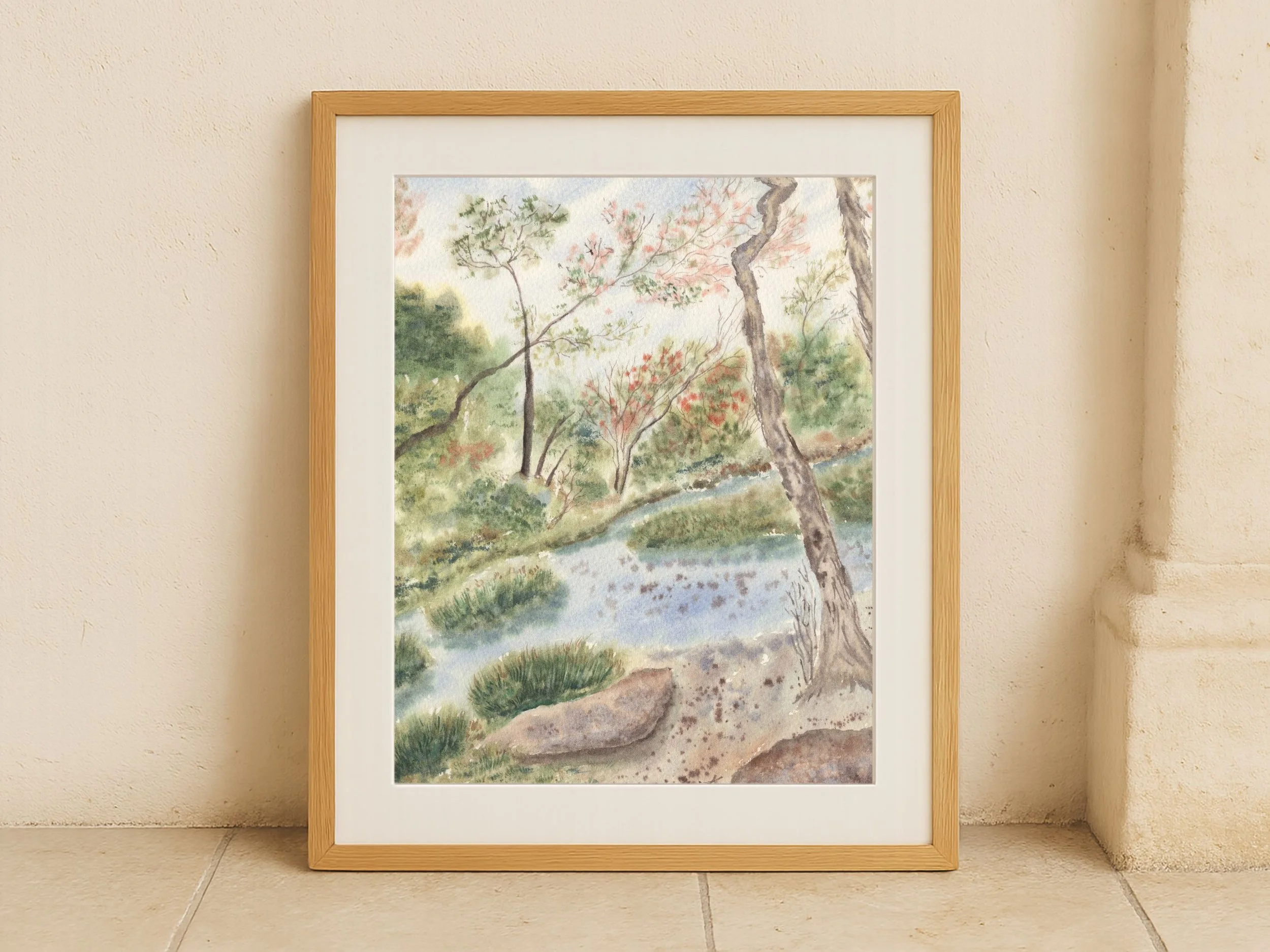 Woodland Landscape Art Print with Gentle Stream and Trees - Serene Nature Scene Forest Wall Art Poster 8.jpg