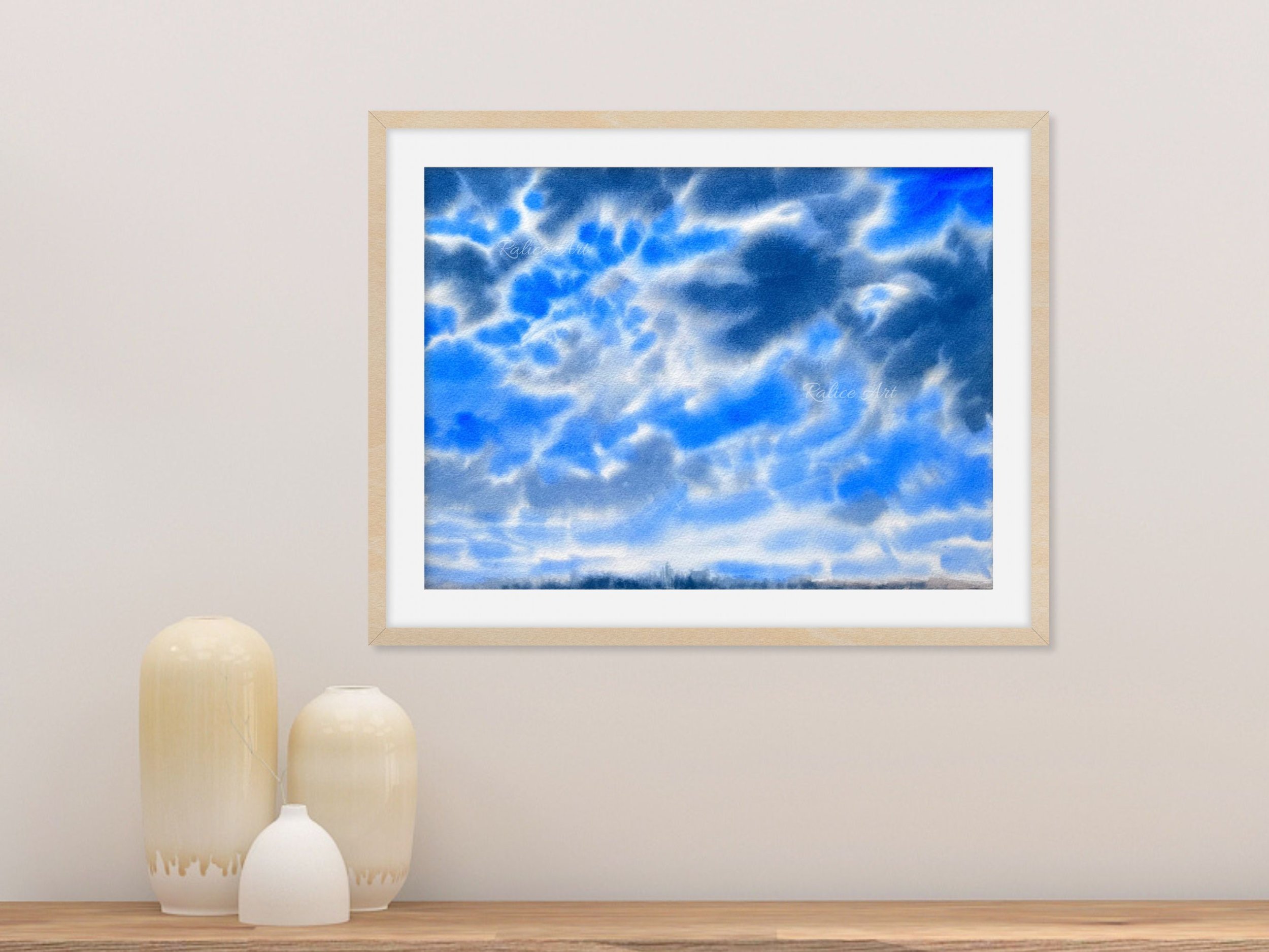 Just Before the Storm – Original Watercolour Sky Painting, Minimalist Cloud Art for Your Home Office framed