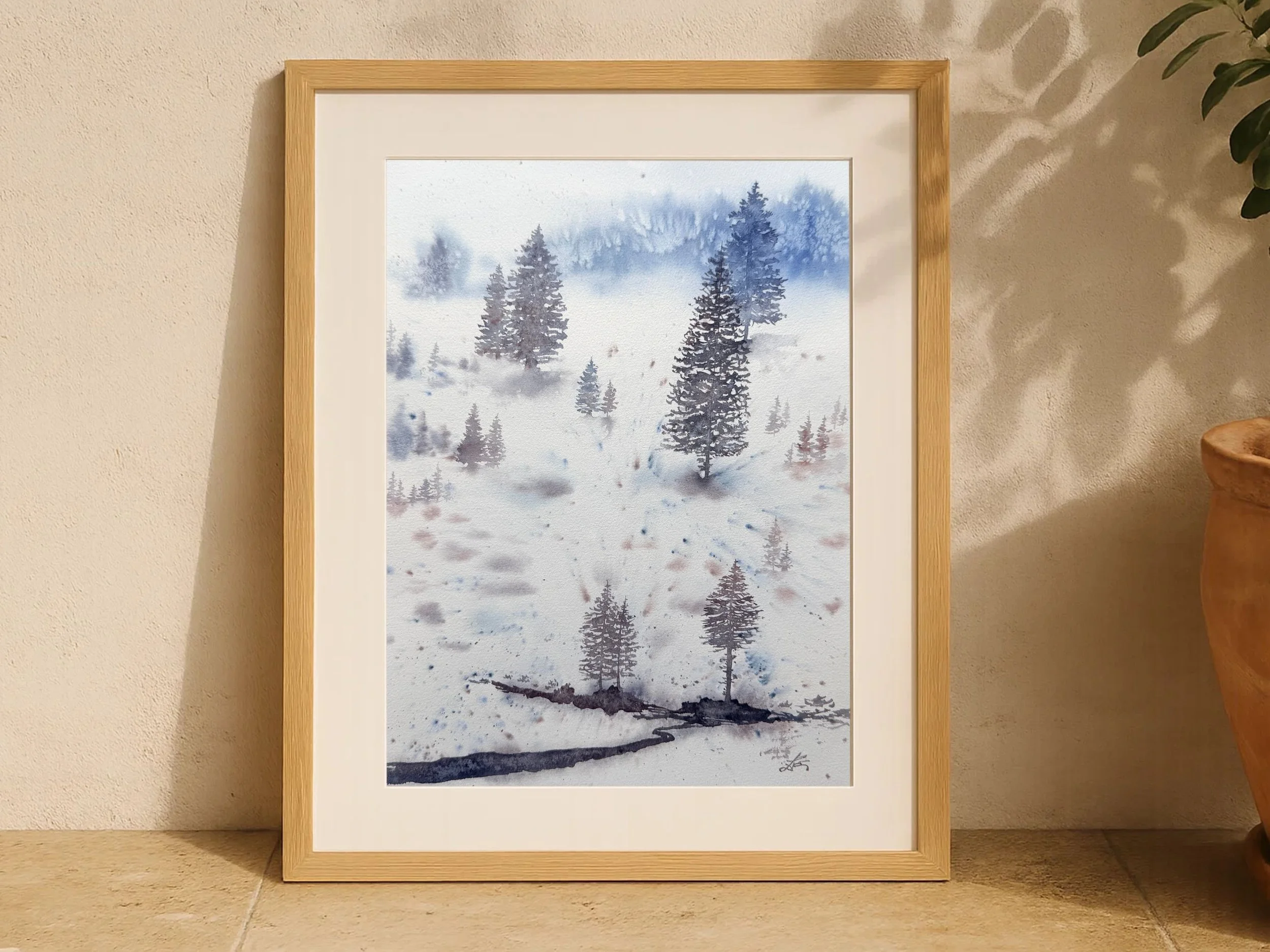 Original Watercolor Snowy Landscape with Pine Trees Winter Forest Scene Serene Nature Wall Art Hand Painted Snow 2.jpg