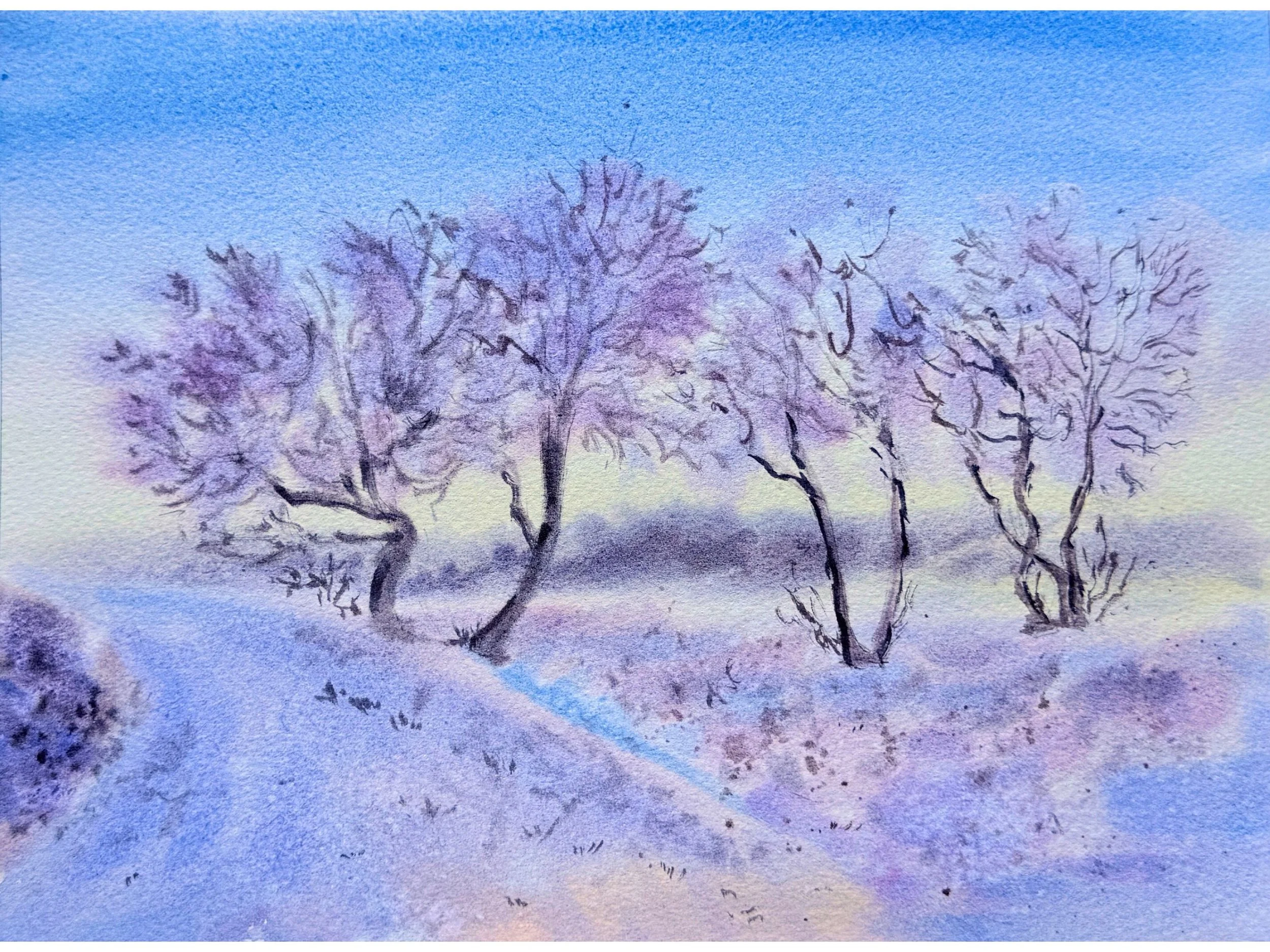 Original Watercolor Winter Trees Painting Soft Purple Snow Landscape Serene Lavender Forest Scene Hand Painted Calm Nature Wall Art.jpg