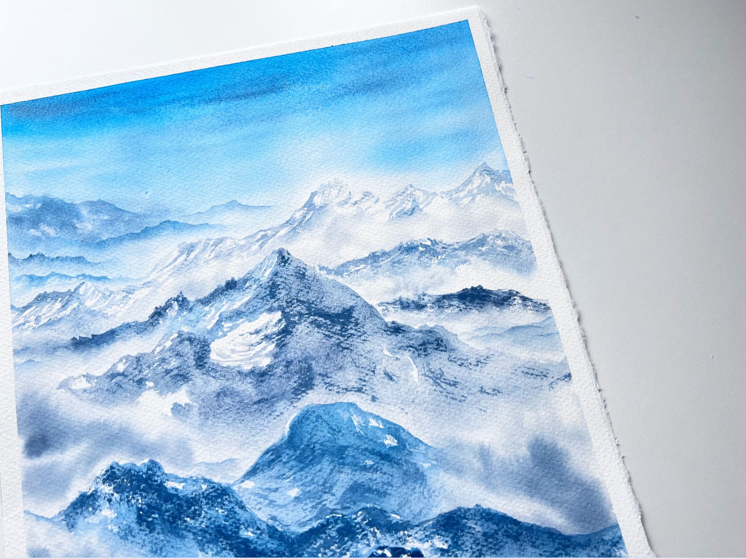 "Rolling Hills" Original Watercolor Painting of Layered Snow Capped Mountains Landscape Painting closeup