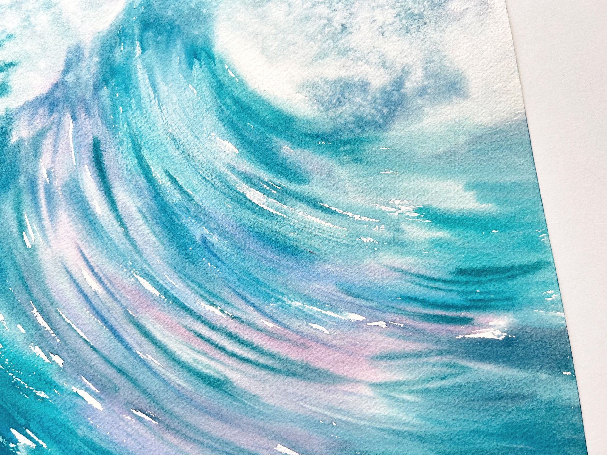 Splash of Colour is an original watercolor celebrating the ocean's untamed power in bold blues, pinks, and purples create dynamic energy.