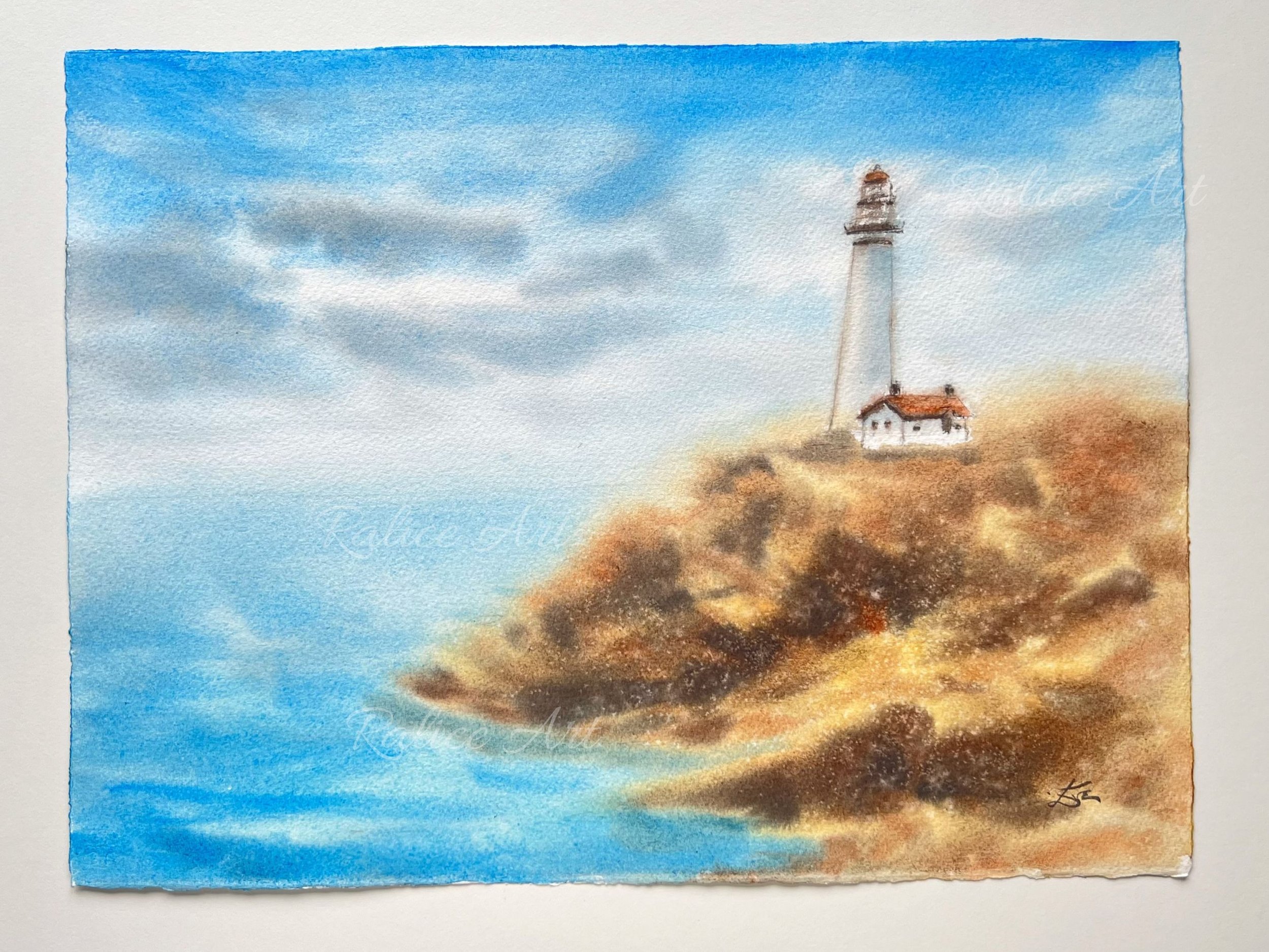 Lighthouse Original Watercolor Painting, Landscape Wall Art, Farm House Wall Art, Impressionistic Art Decor, Housewarming Gift, Rocky Cliff