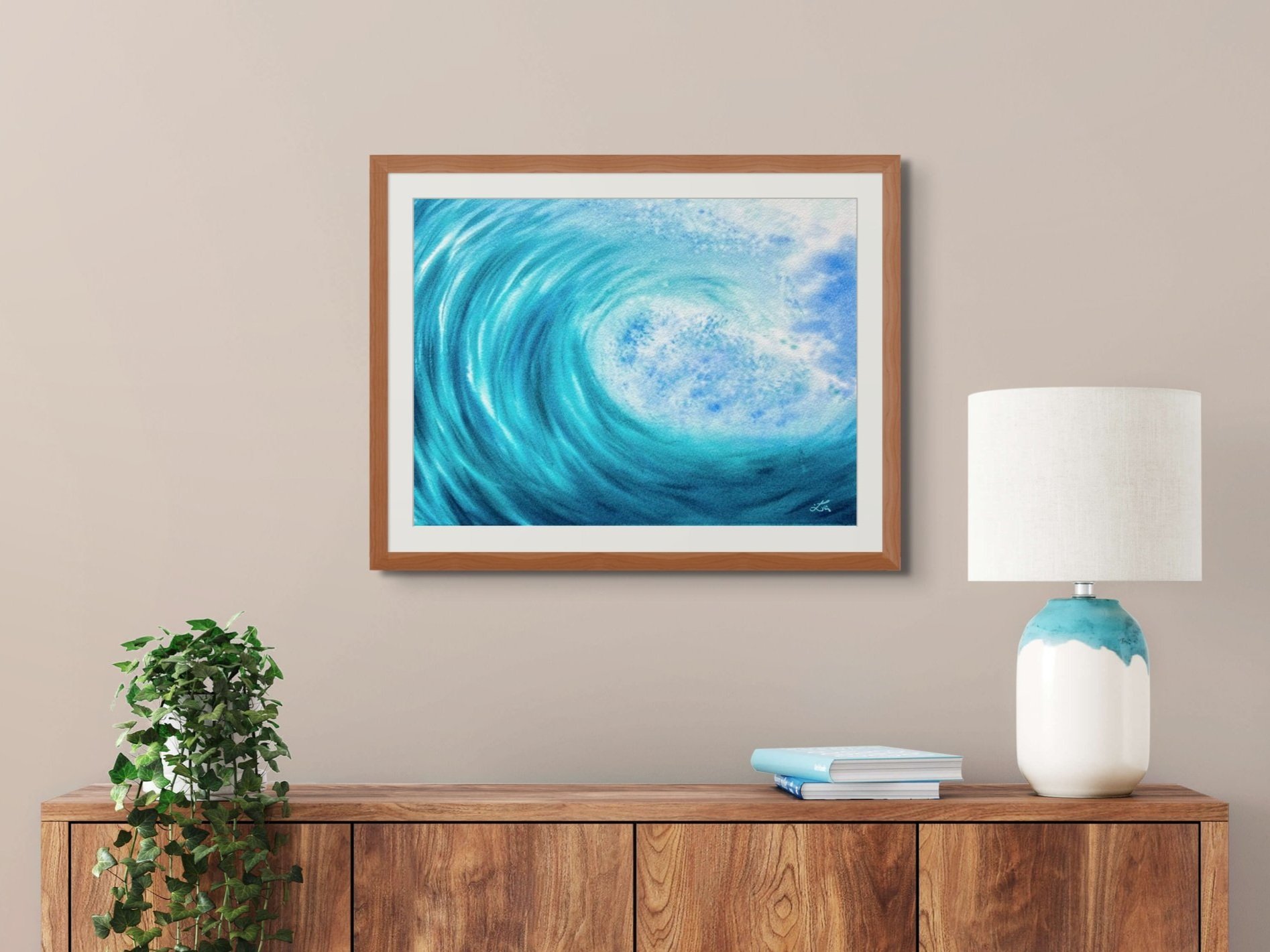 Marine Melody - Original Watercolor Painting framed ina wooden frame in a Living room setting