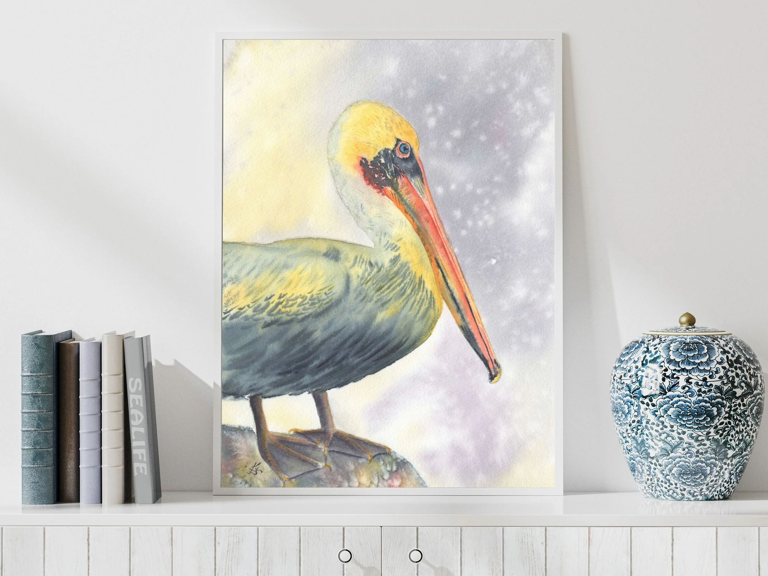 Brown Pelican Fine Art Print Coastal Bird Watercolor Wall Art Archival Giclee Print Beach House Decor Nature 2.jpg