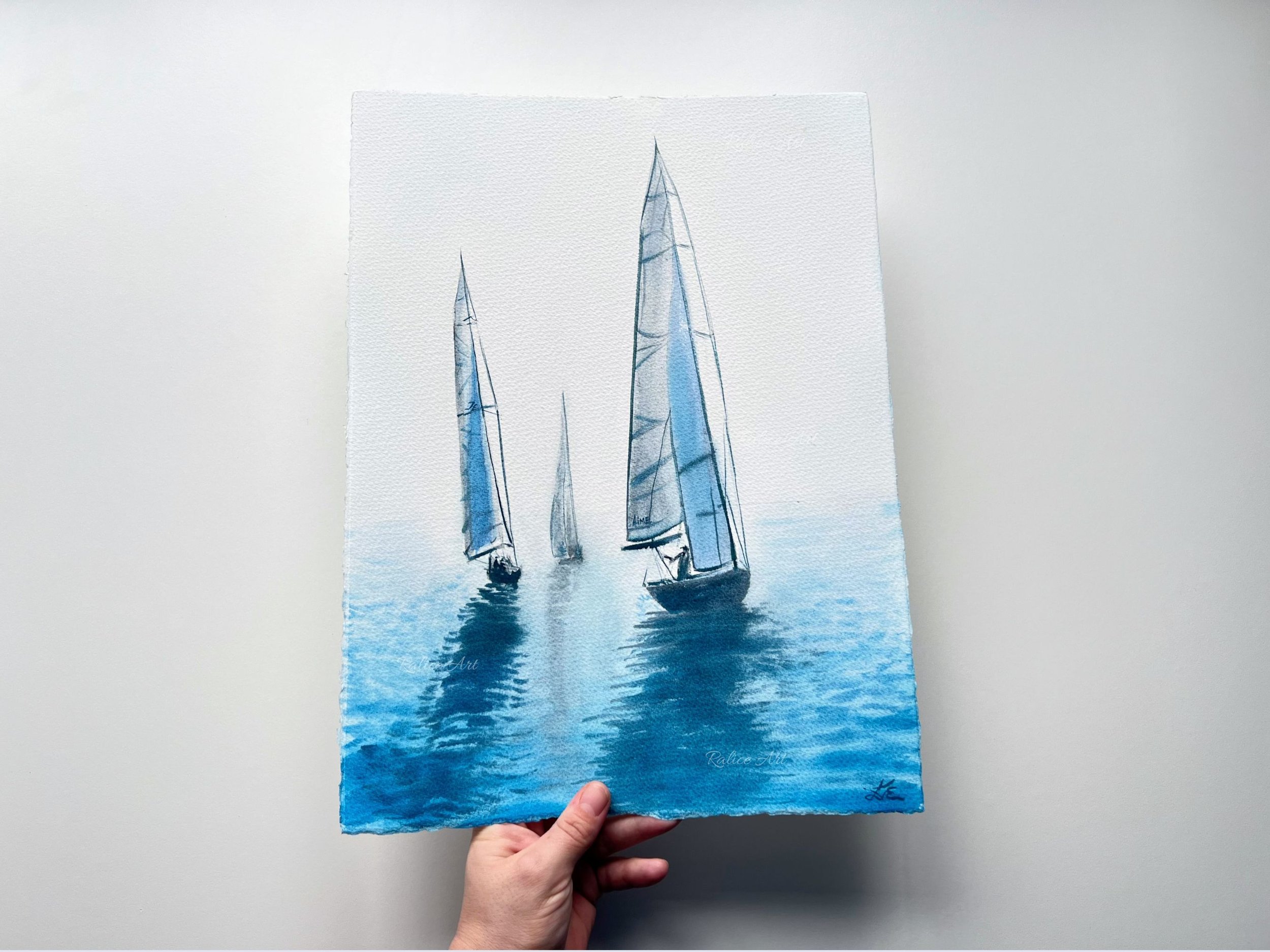 Je T'aime Ma Mer Rowing Regatta Original Watercolor Painting, Yachts Painting Sailing Boat Art Coastal Nautical Painting Mediterranean Decor
