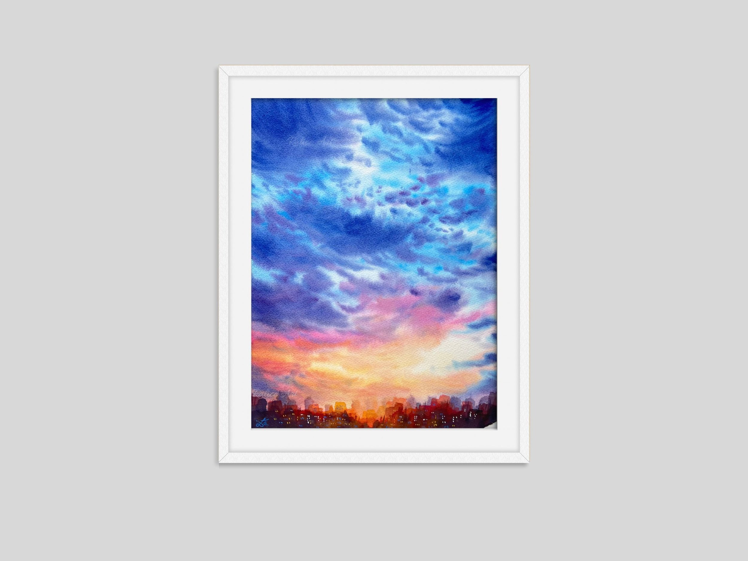Blue Sunset Clouds Painting, Cloudscape Painting, Original Watercolor Painting, Sunset Sky Painting, New Home Gift Ideas, Housewarming Gift