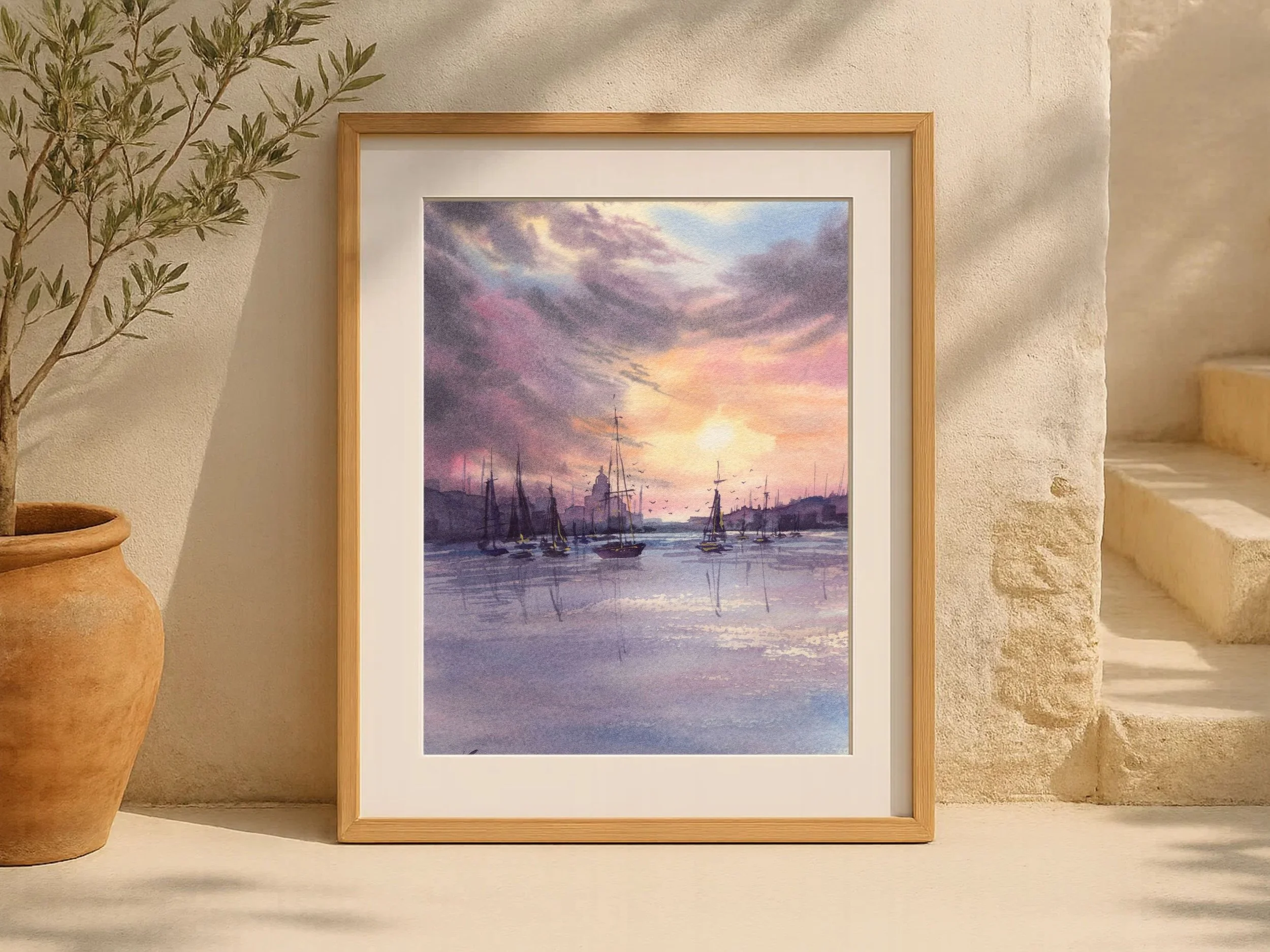 Sunset Harbor Archival Art Print, Watercolor Sailboat Painting Print, Coastal Marina Wall Art 7.jpg