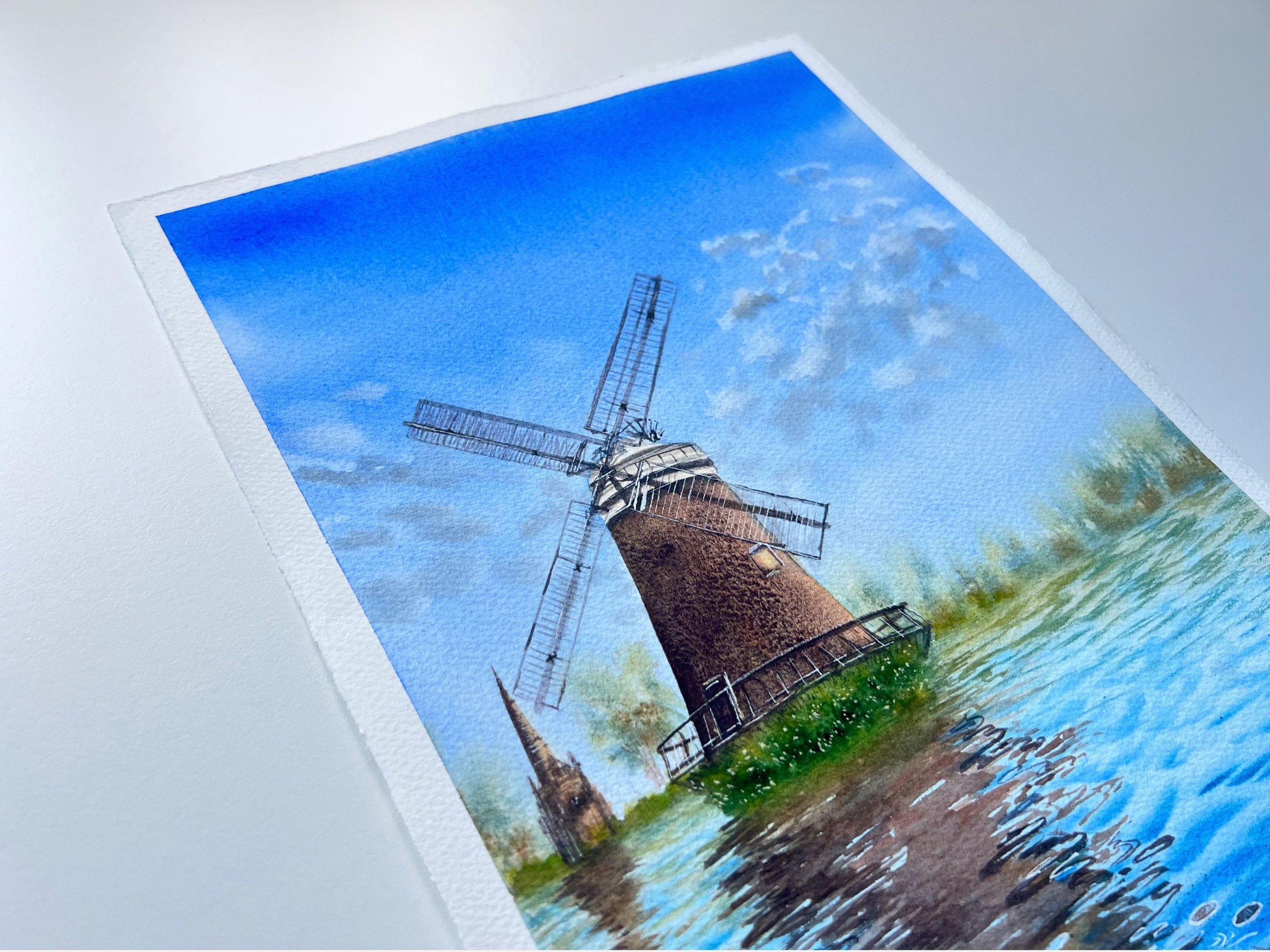 Windmill's Reflections Watercolor Painting | Landscape Wall Art for Lakehouse & Farmhouse | Impressionistic Artwork Decor closeup left upper corner