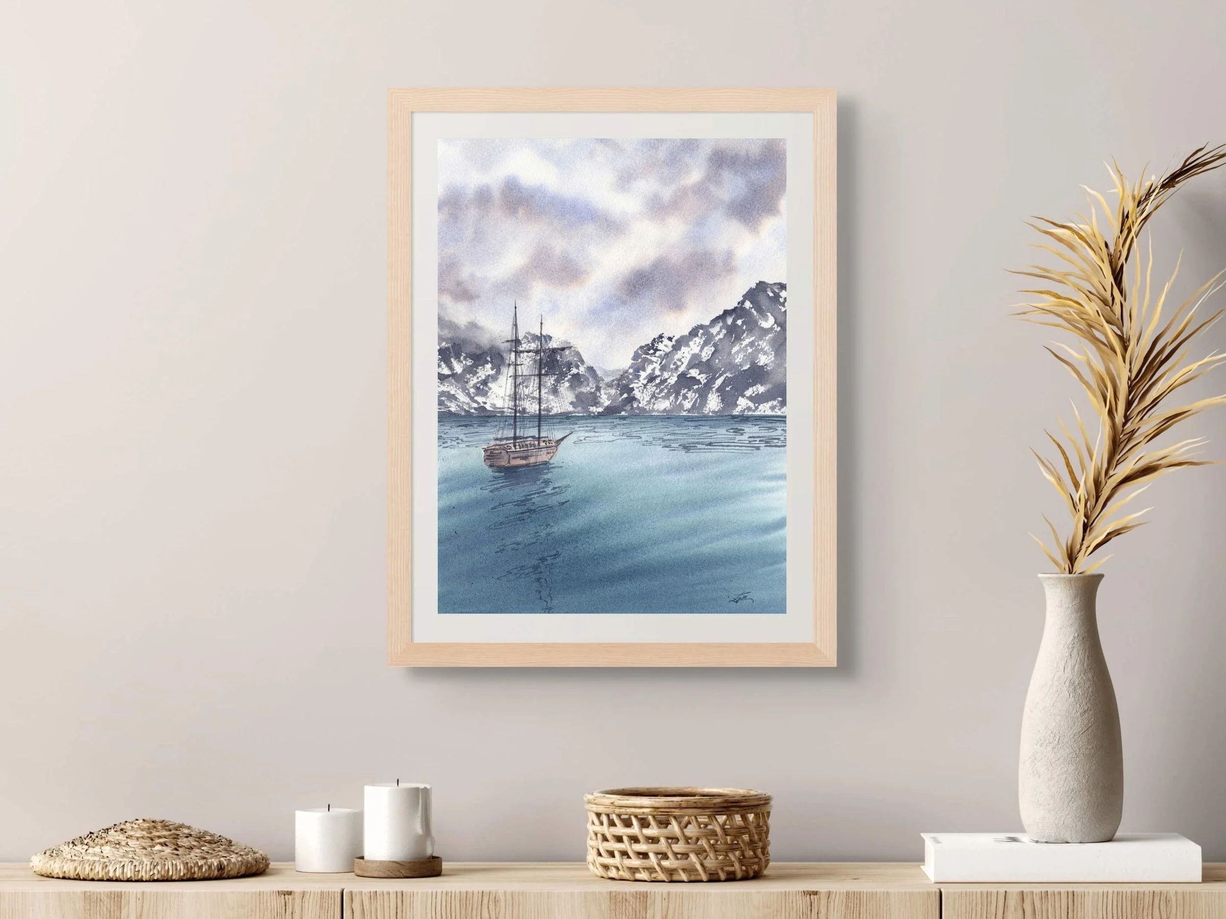 Sail Towards the Mountains Archival Art Print, Watercolor Fjord Landscape Print, Sailboat Poster 12.jpg