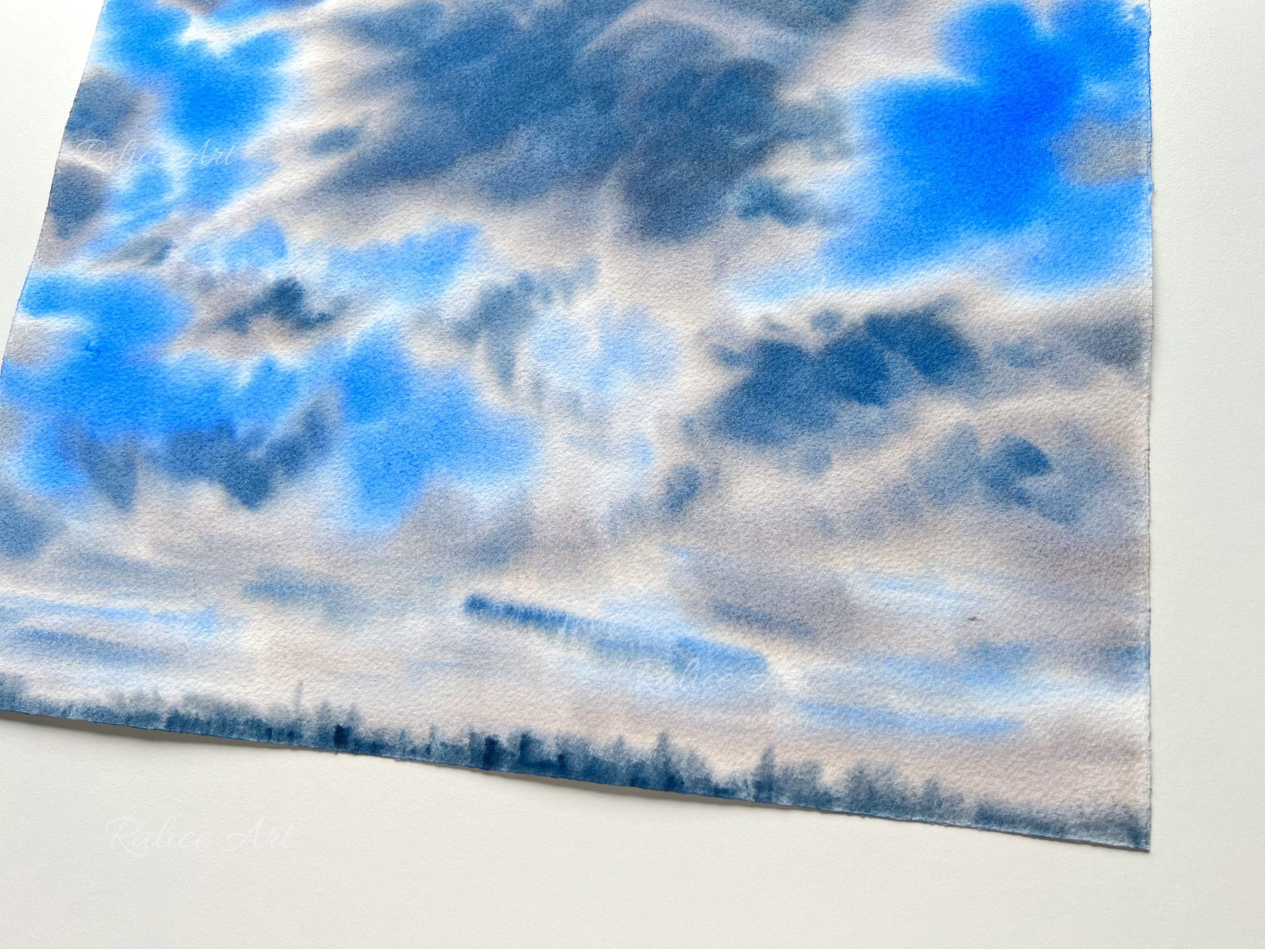 Warm Clouds Watercolour Painting of warm sky on Paper by Ralitsa Arnaudova Ralice Art Closeup right bottom corner