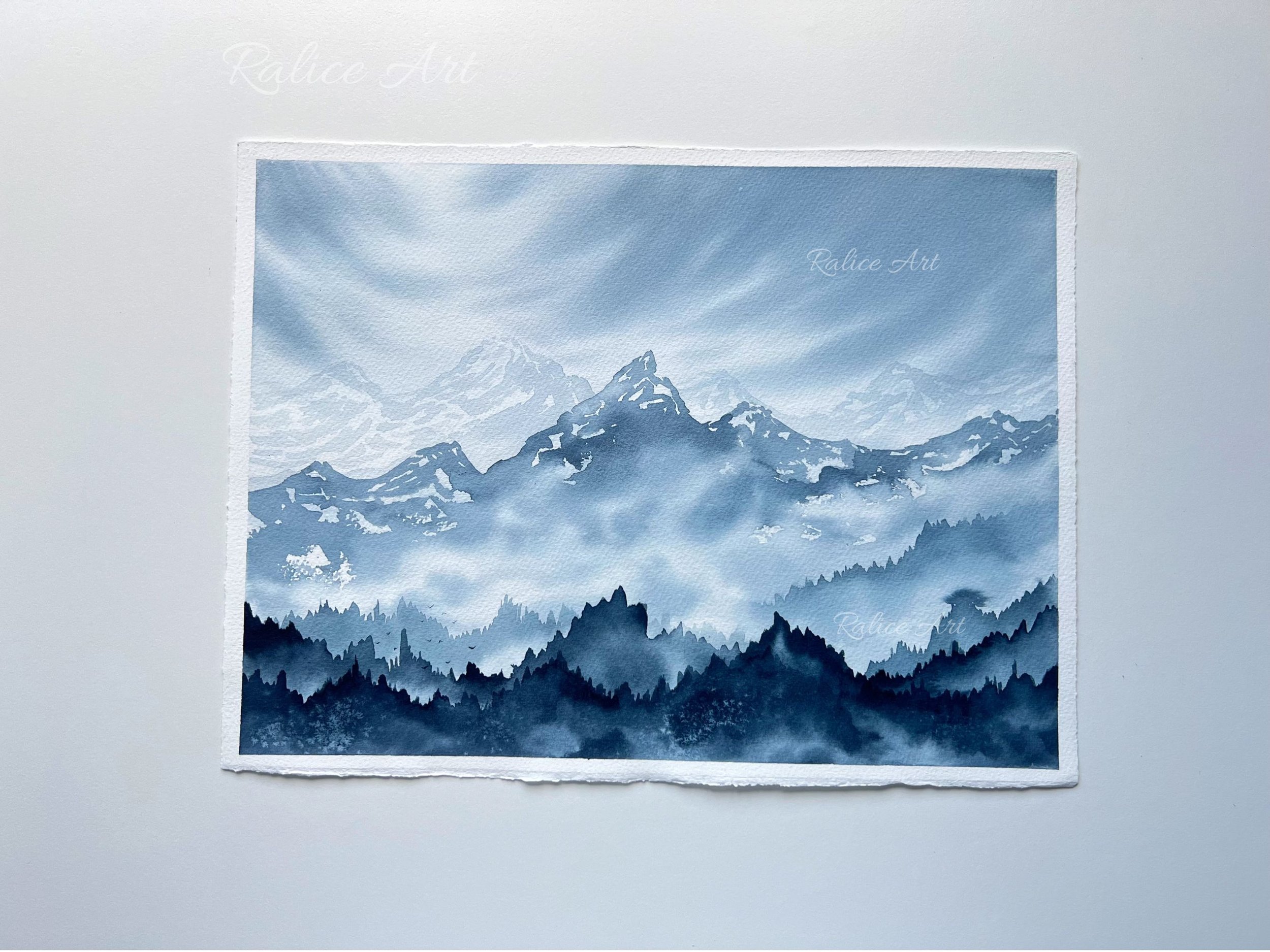 Misty Mountain Valley Original Watercolor Painting of a Misty Dreamy Forest Landscape Painting, Foggy Mountain Art, Nature Scenery Watercolour