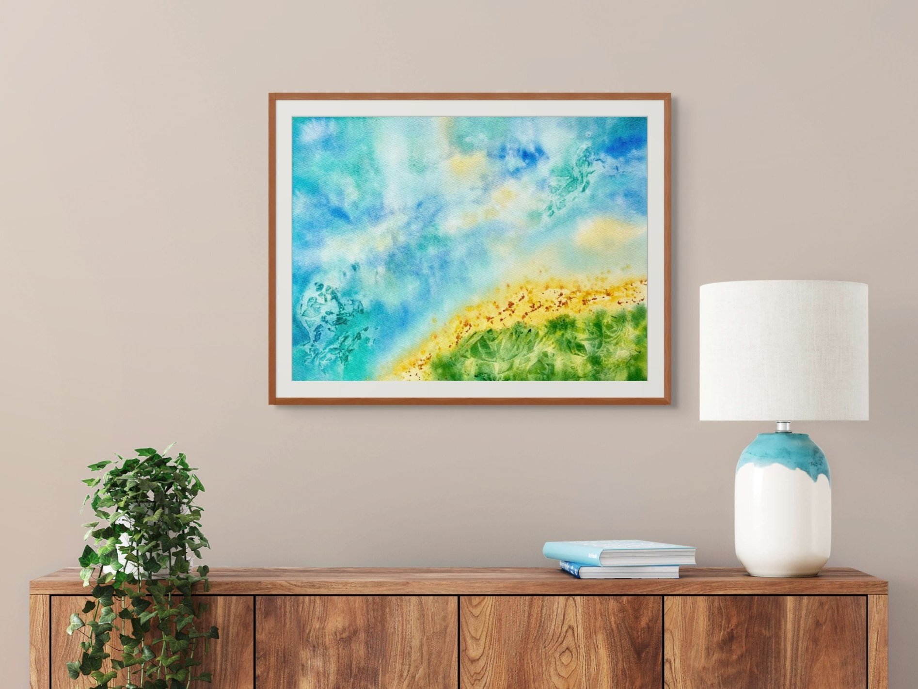 Original watercolor painting "Abstract Seascape" framed and staged in a living room or hallway, adding a calming and modern coastal touch to your space.