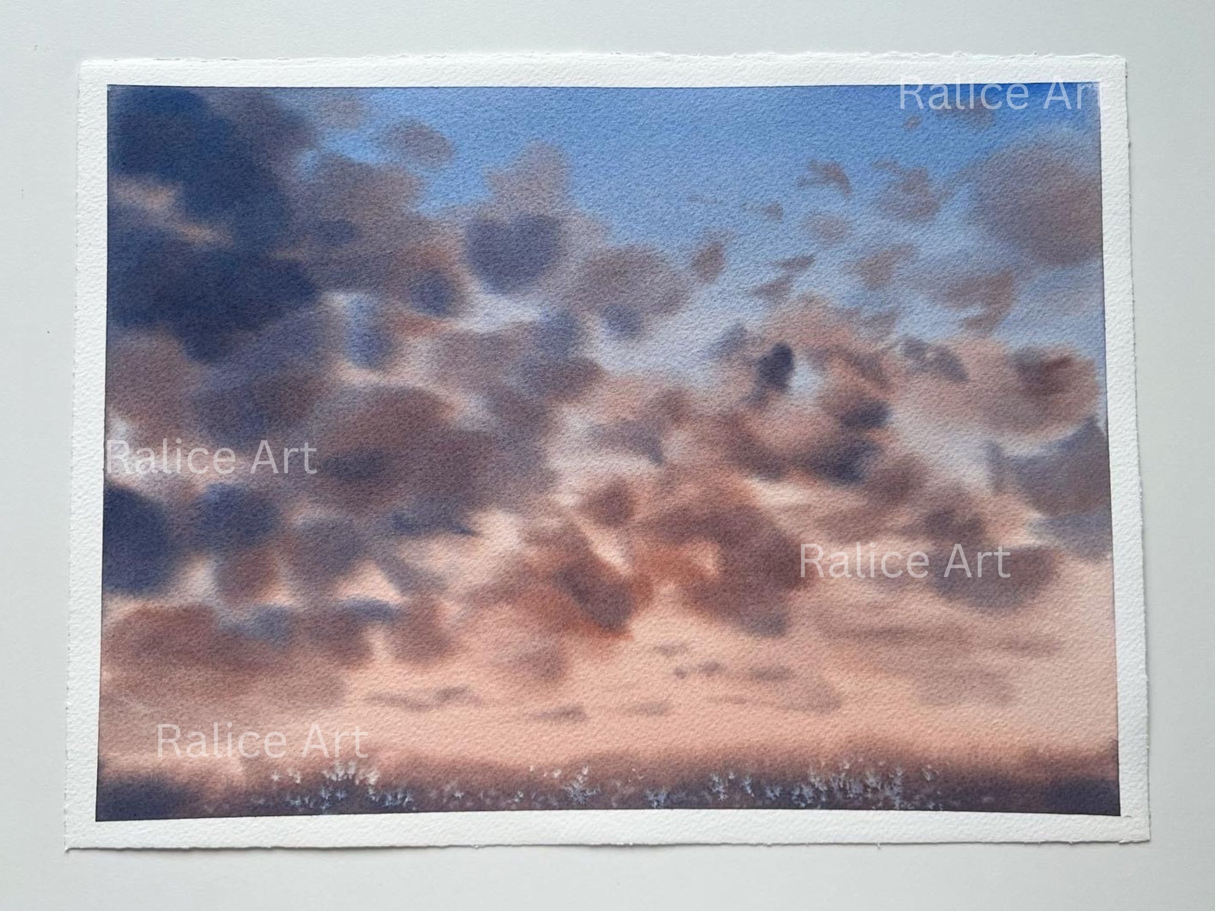 Move Forward Sunset Clouds Original Watercolor Painting, Cloudscape Wall Art Decor, Stormy Sky Clouds Duochrome Painting, Housewarming Gift by Ralice Art full on Closeup