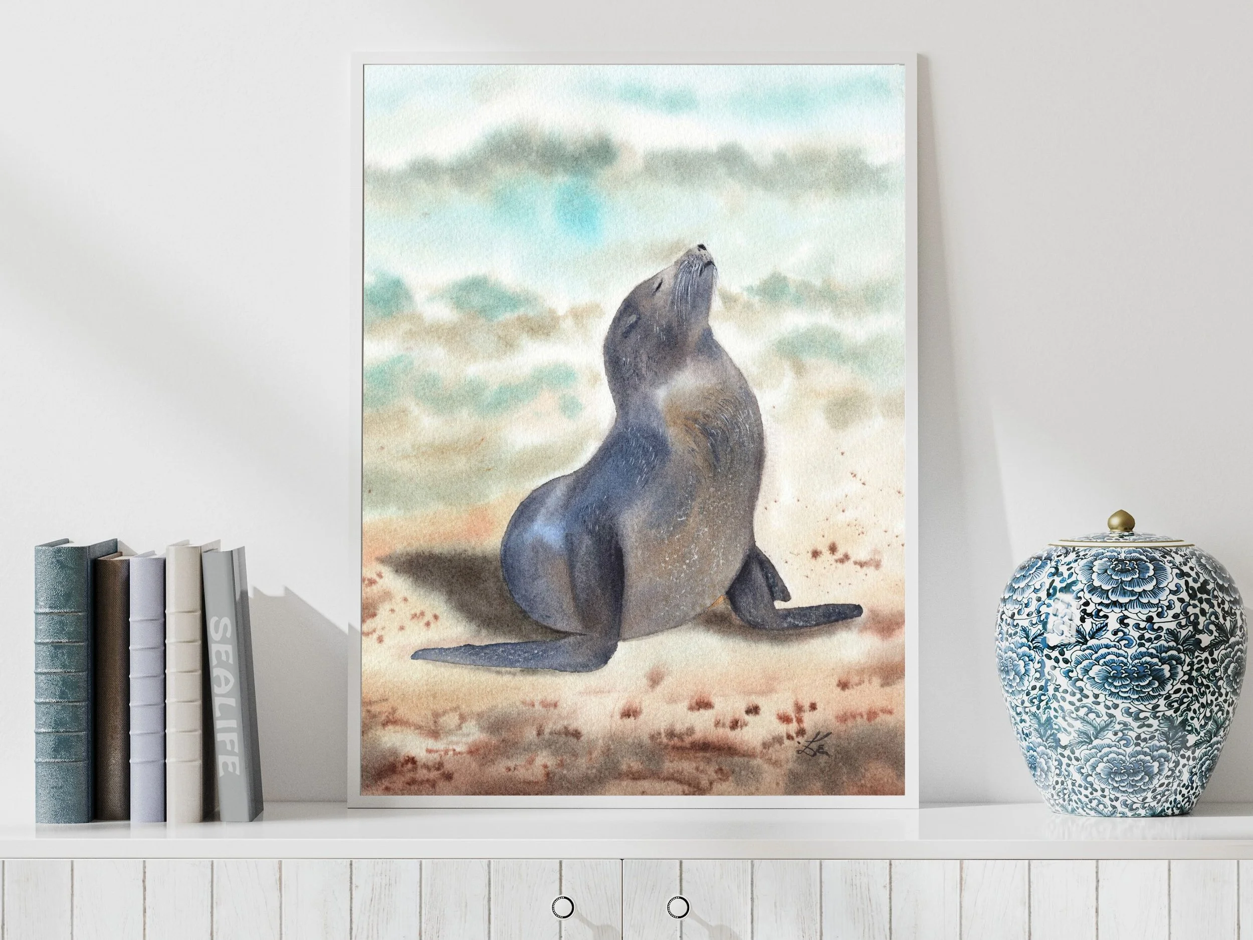 Sunbathing Seal Fine Art Print Coastal Wildlife Watercolor Wall Art Archival Art Poster 2.jpg