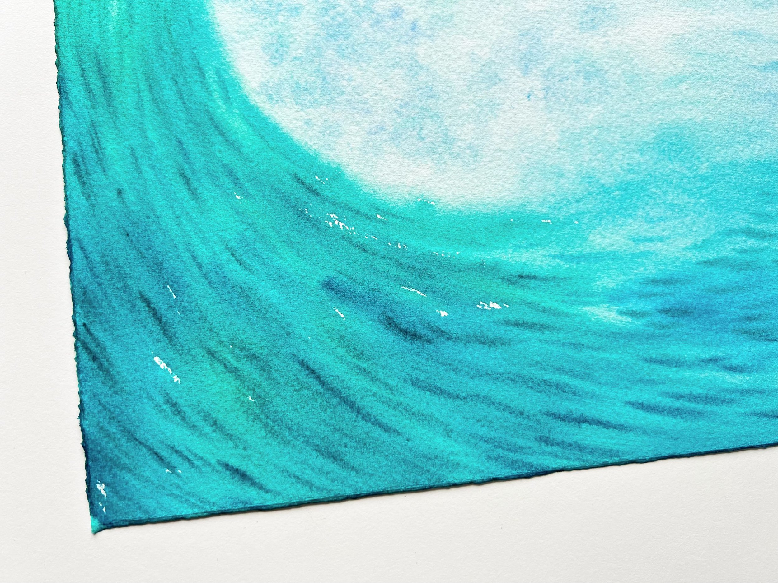Closeup of a crashing wave watercolor painting with blue and green turquoise hues, showcasing dynamic brushstrokes and vivid movement.