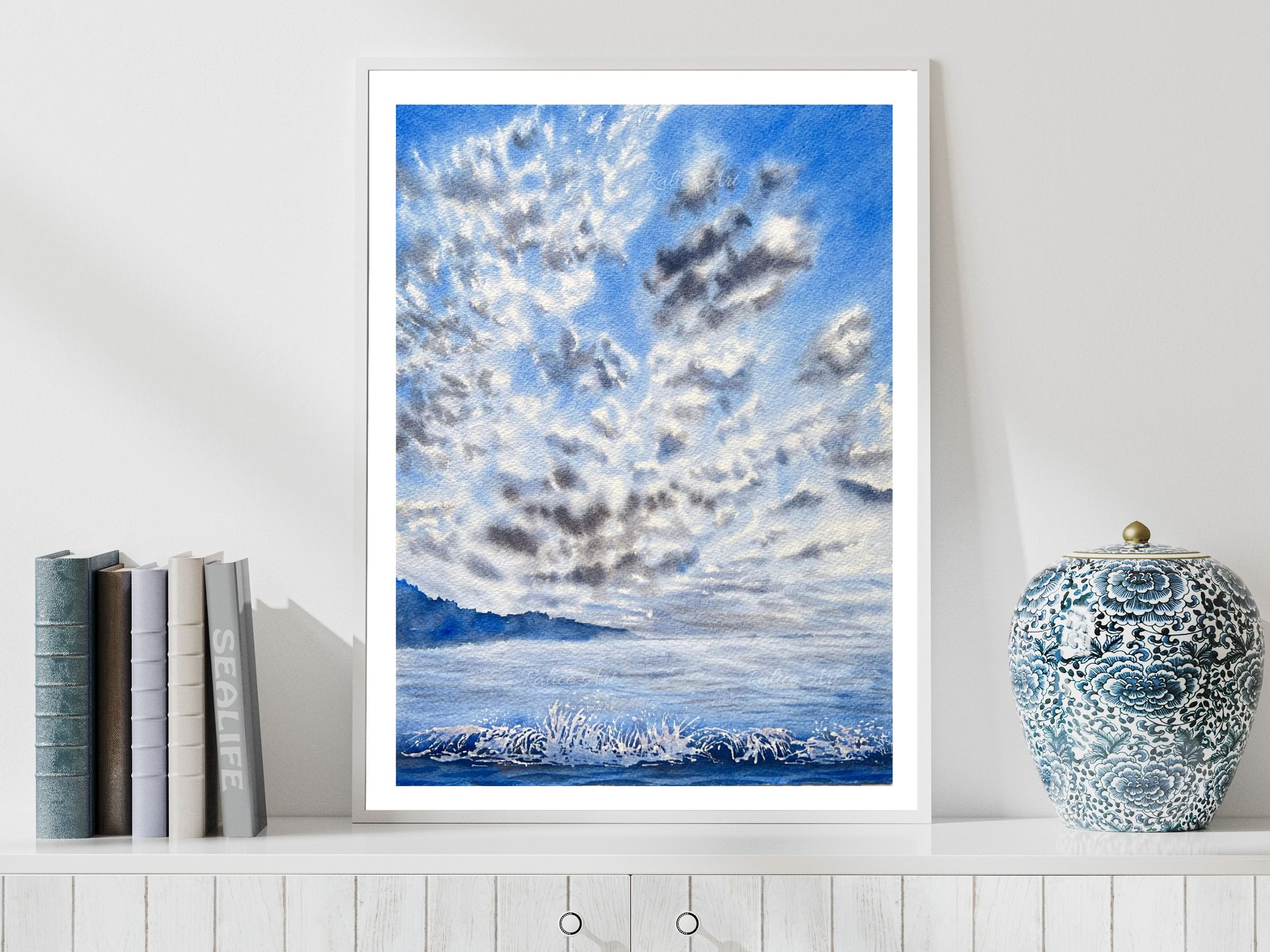 Fluffy Cirrocummulus Clouds Original Watercolour Painting on Paper by Ralitsa Arnaudova Ralice Art on a shelf