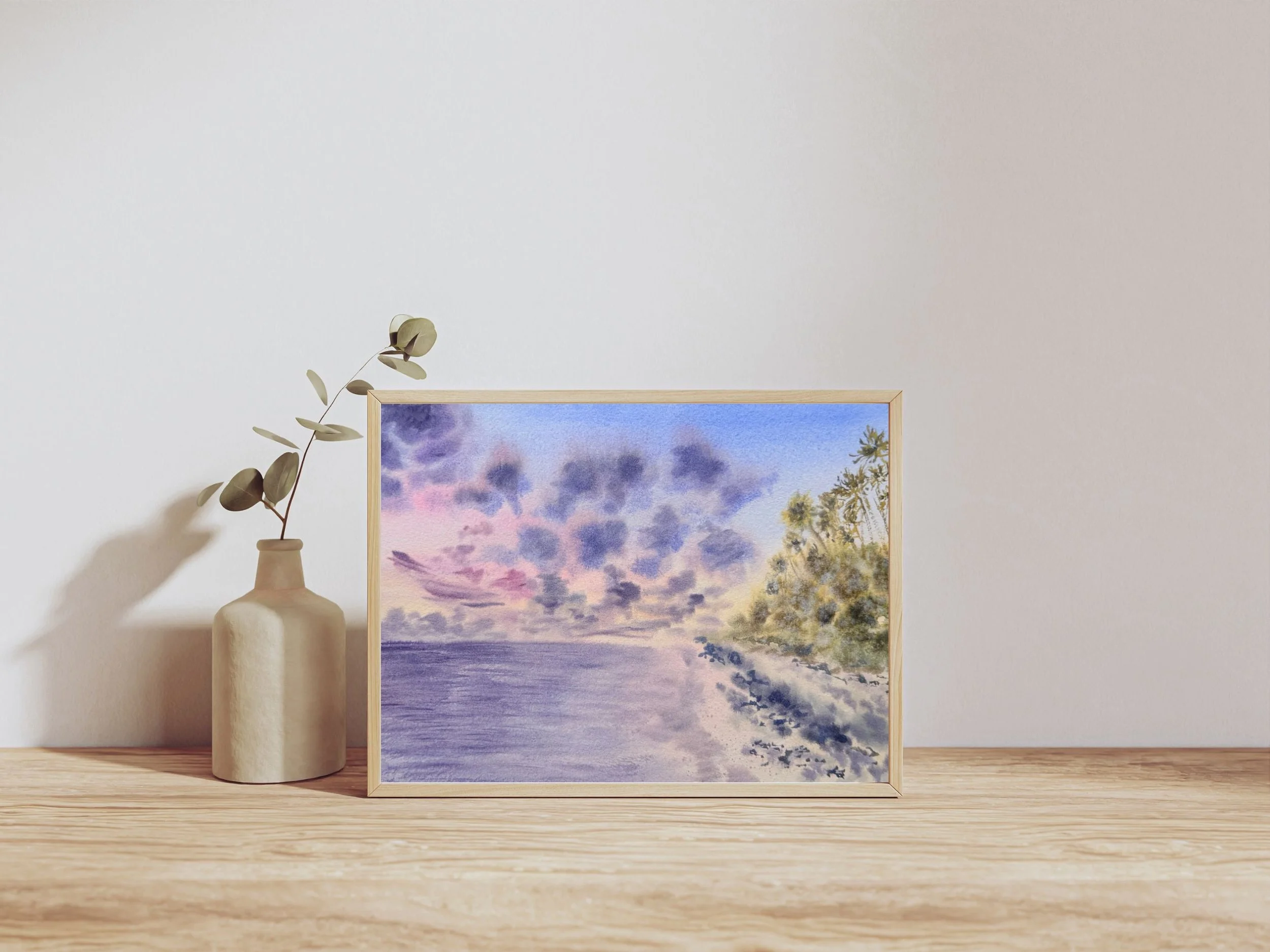 Purple Pink Sunset Seascape Original Watercolor, Tropical Coastal Wall Art, Vibrant Ocean Painting, Beach Sunset Decor 3.jpg