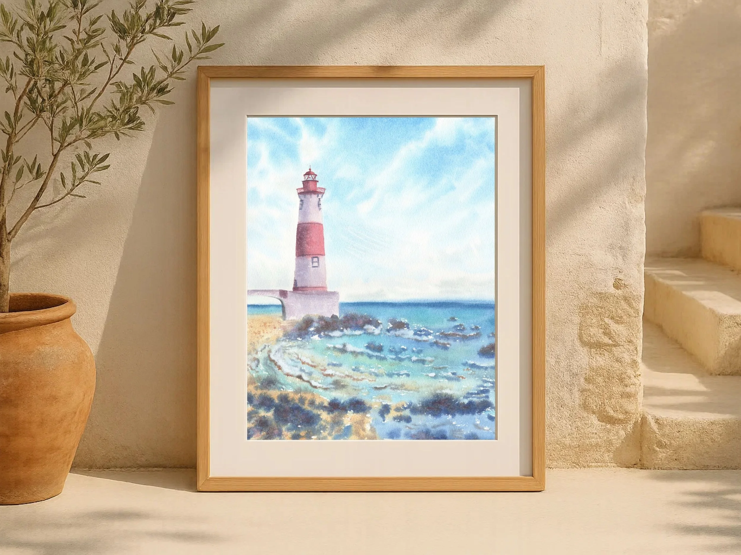 Coastal Lighthouse Archival Art Print, Watercolor Lighthouse Painting, Nautical Wall Art, Ocean Landscape Decor 7.jpg