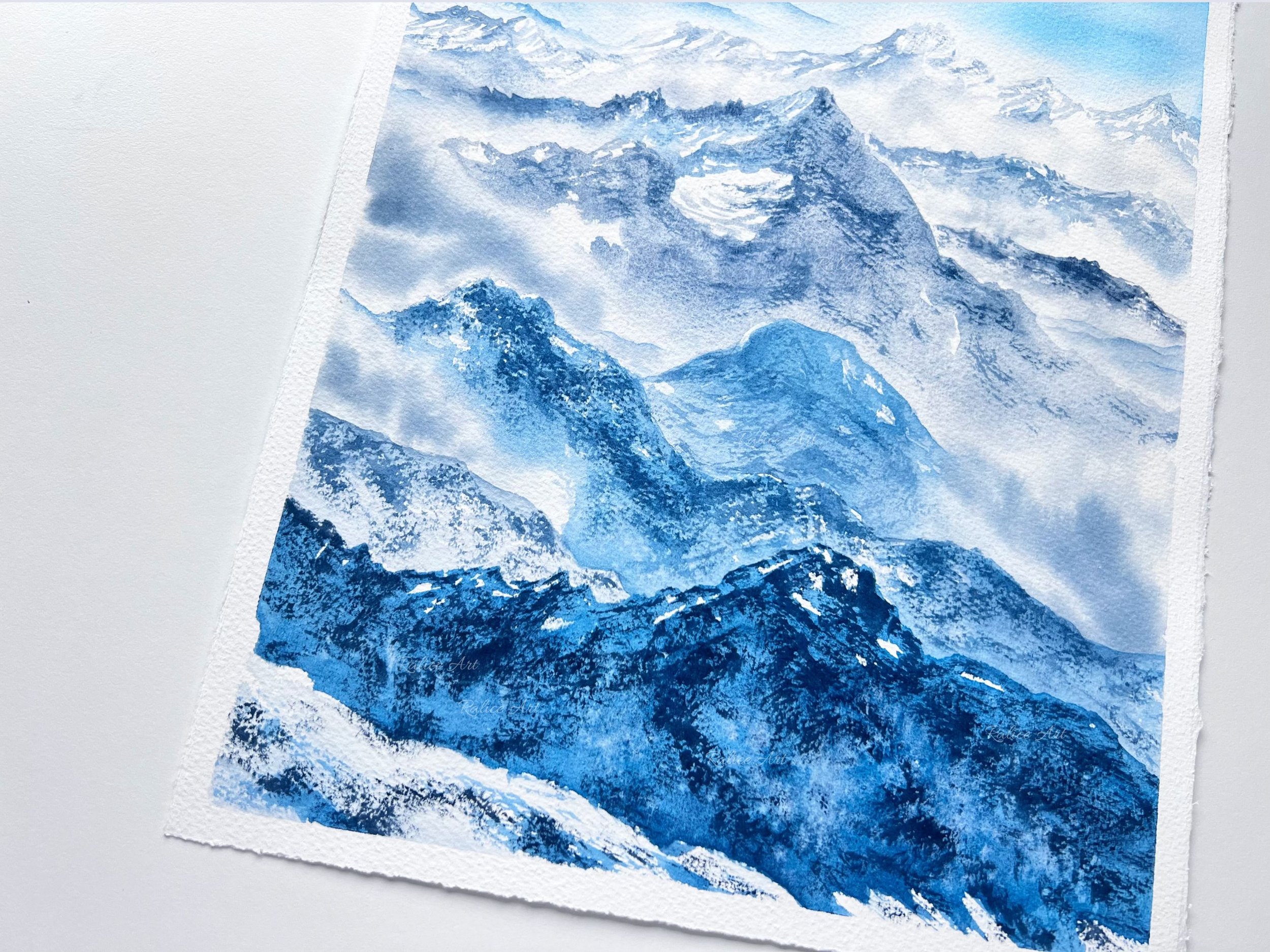 "Rolling Hills" Original Watercolor Painting of Layered Snow Capped Mountains Landscape Painting closeup