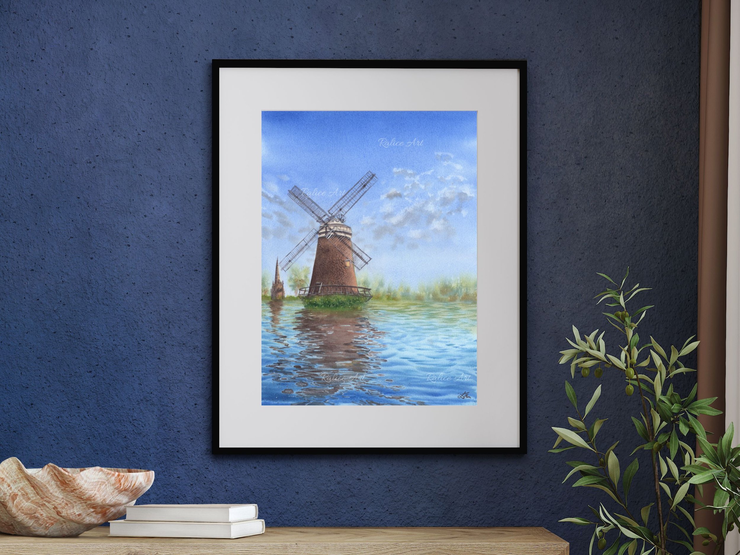 Windmill's Reflections Watercolor Painting | Landscape Wall Art for Lakehouse & Farmhouse | Impressionistic Artwork Decor on a shelf