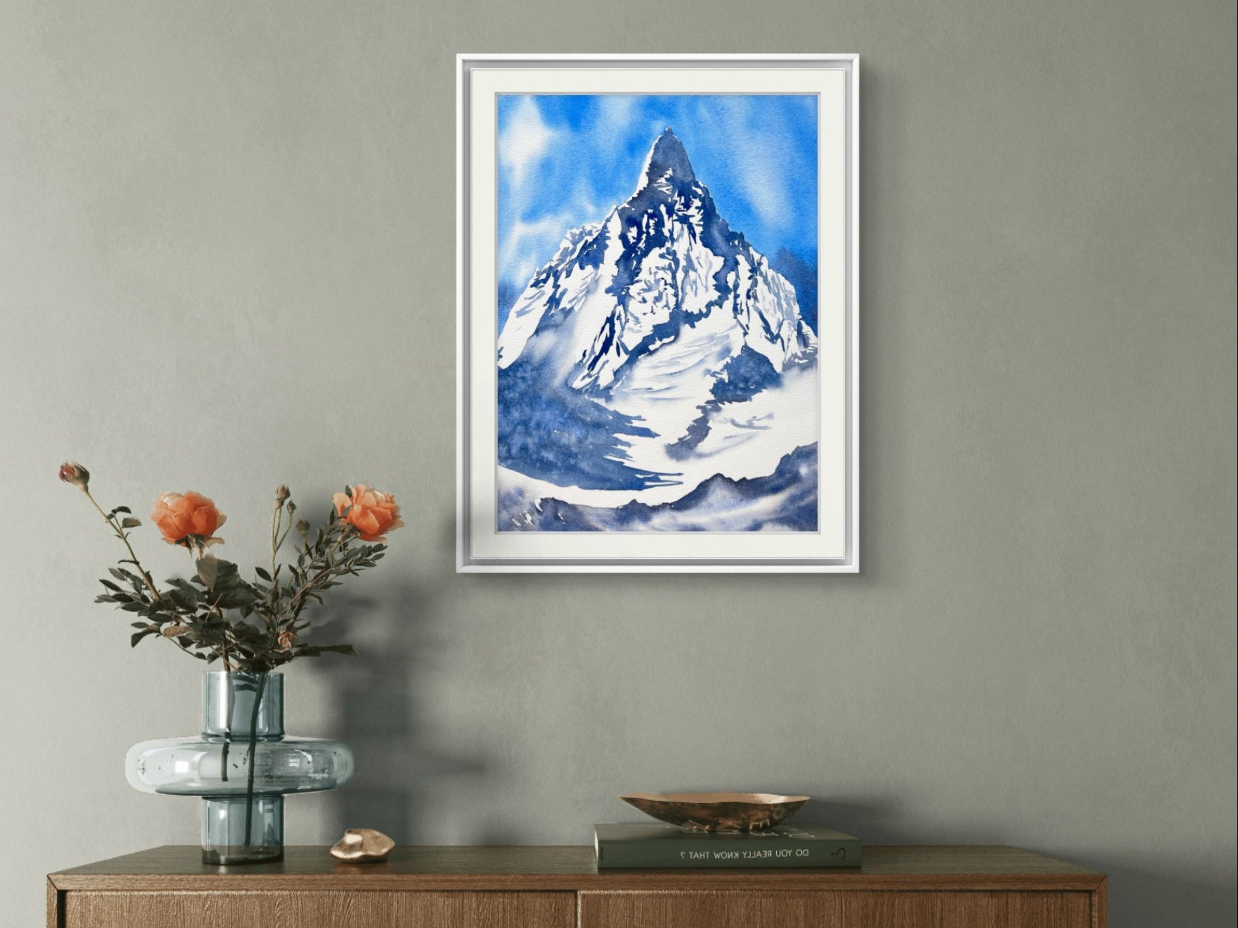 Beyond Dreams Original Watercolor Mountain Painting, Rocky Landscape Wall Art, Rocky Mountain Expressive Free Flow Impressionistic Painting in a setting on a shelf